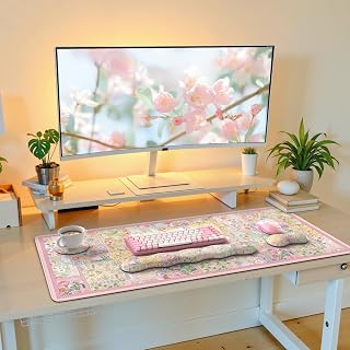 iLeadon Cute Floral Desk Mat Set, Non Slip Mouse Pad with Wrist Support | Desk Mat Set with Wrist Pad for Keyboard and Mouse Pad, Ergonomic Wrist Rest Set for Women Home Office, Pink