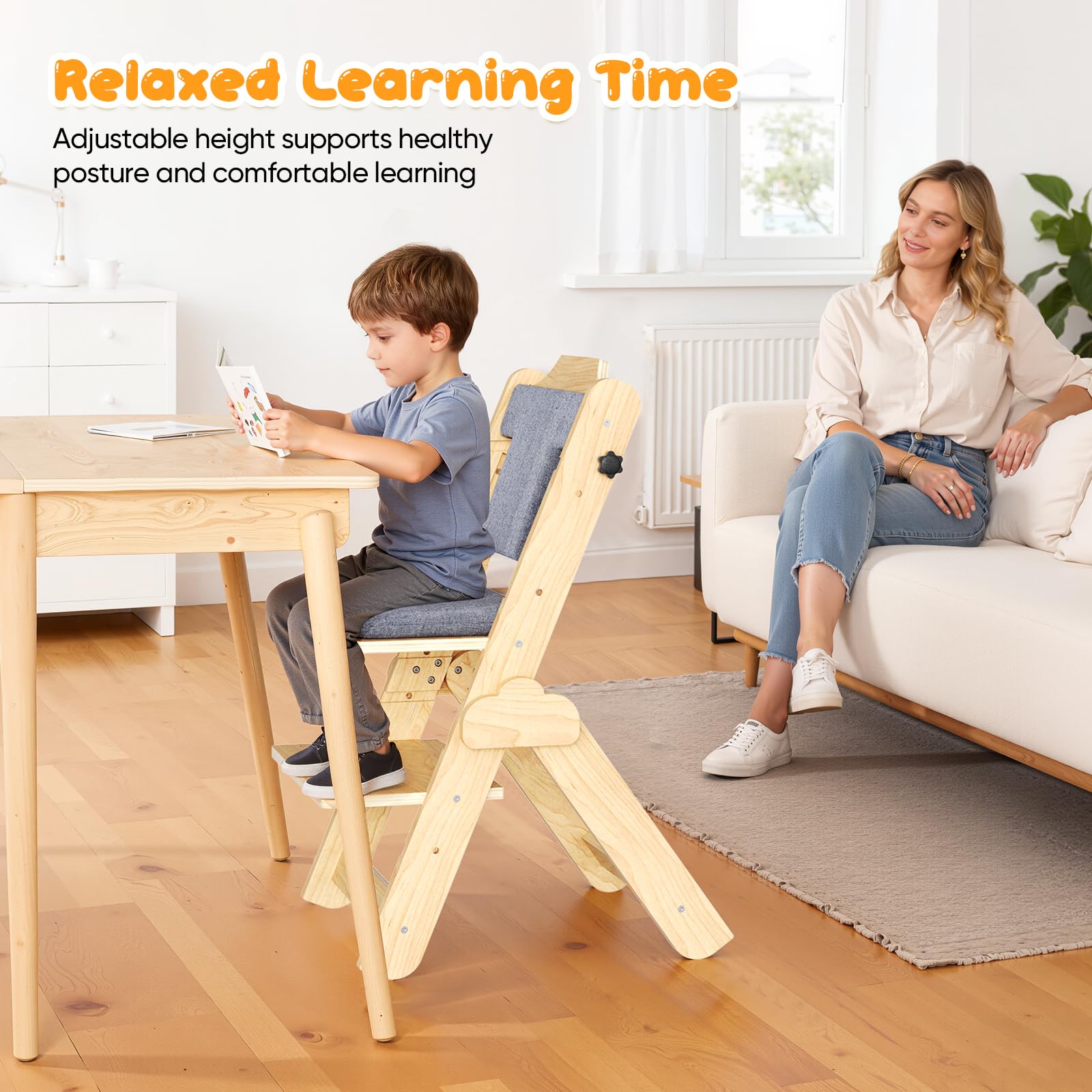 Chaise Haute Bébé Evolutive – Avec Coussin, Plateau Repas, Arceau de Sécurité, Harnais 5 Points et Sangle d’Entrejambe,en Bois Naturel, Chaise d'alimentation, Évolutive, Réglable