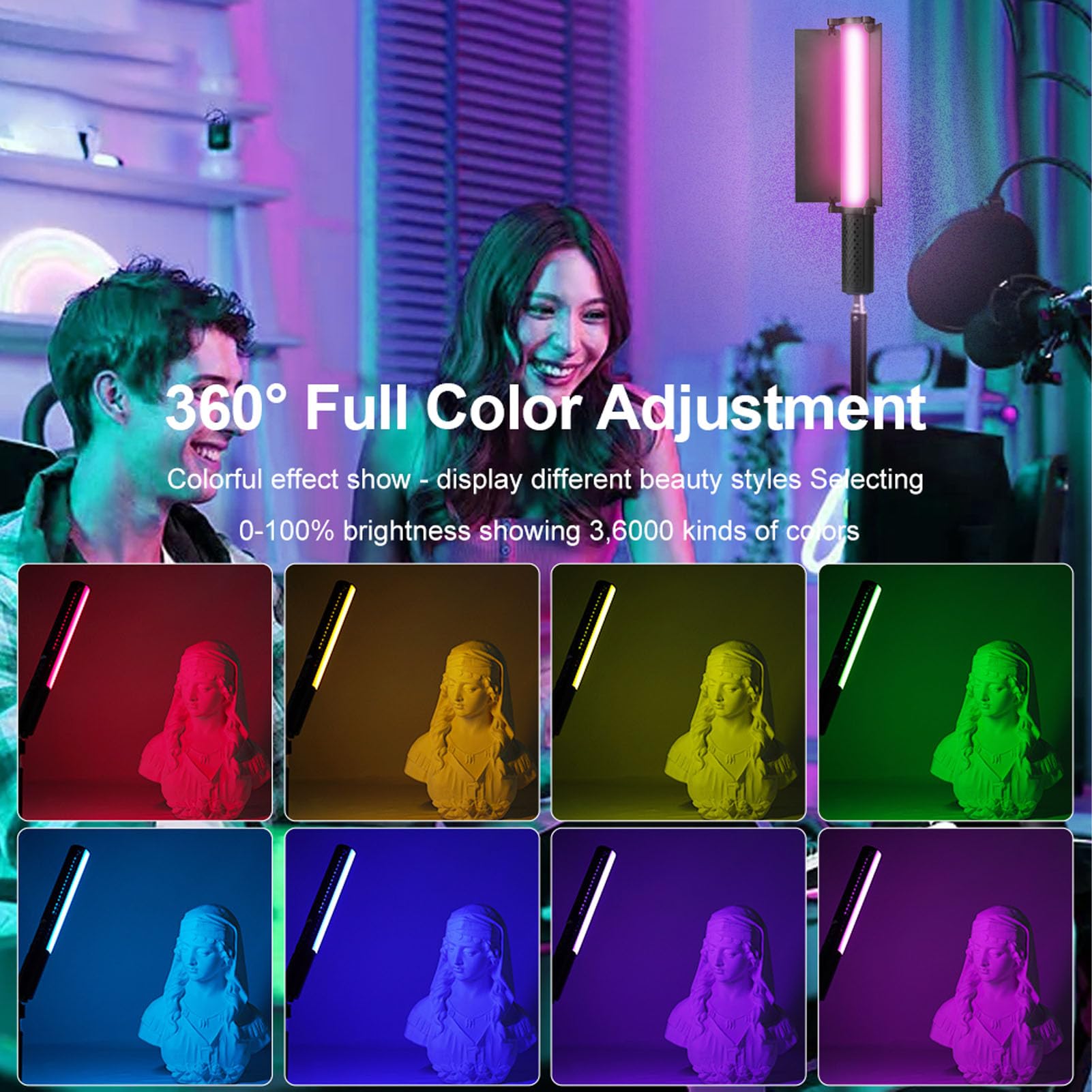 Jectse Bacchetta Luminosa LED RGB, Stick Luminoso Video RGB 20W 360° per Fotografia, Tubo Luminoso Dimmerabile per Fotocamera Portatile 1800K-9000K 2600mAh Ricaricabile per Giochi in