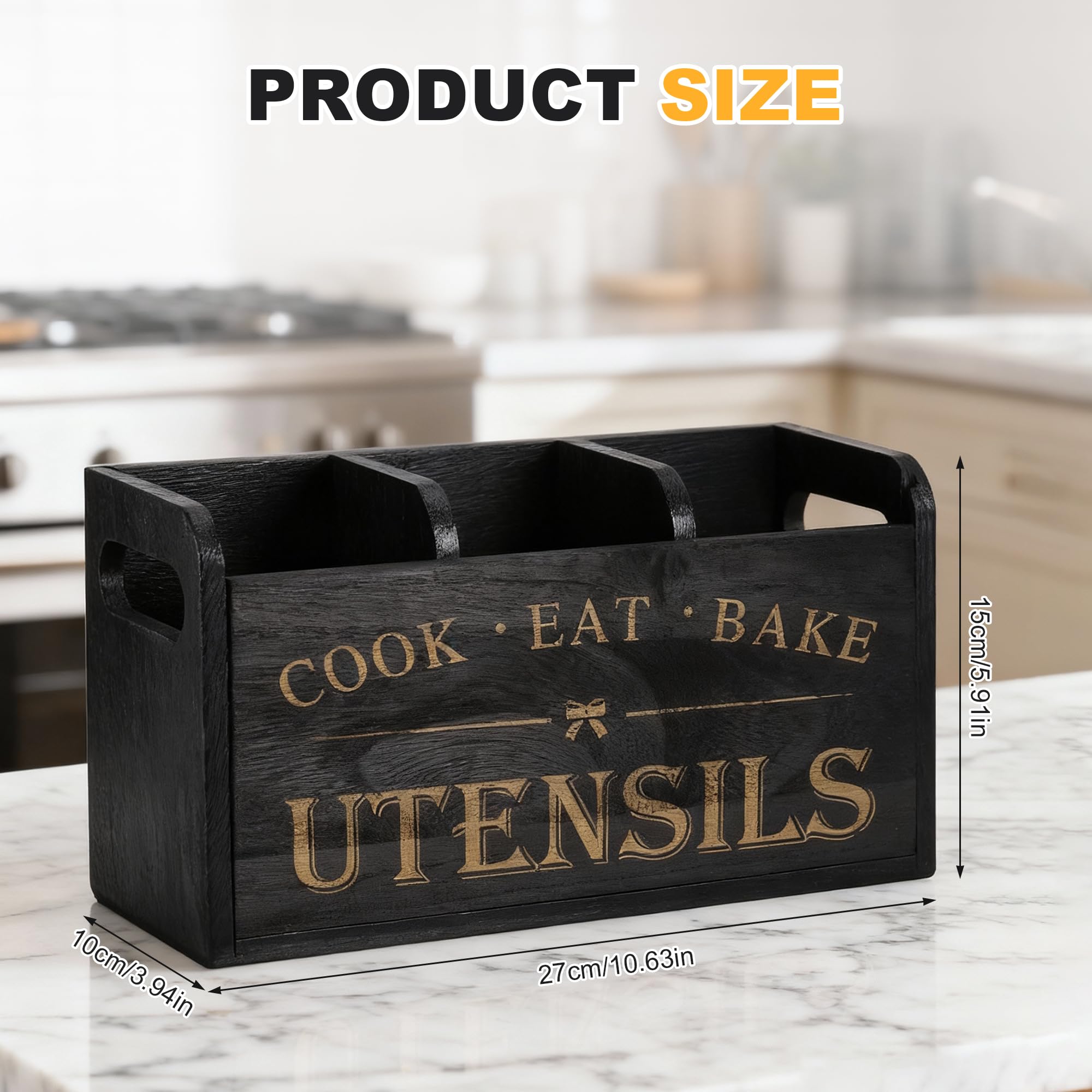 Zocipro Küchen Utensilien Halter aus Holz mit Abflusslöchern, 3 Fächer fester Kitchen Utensilhalter für Küchentheke, Kochwerkzeuge für Bauernhäuser für Arbeitsplatten, Schwarz