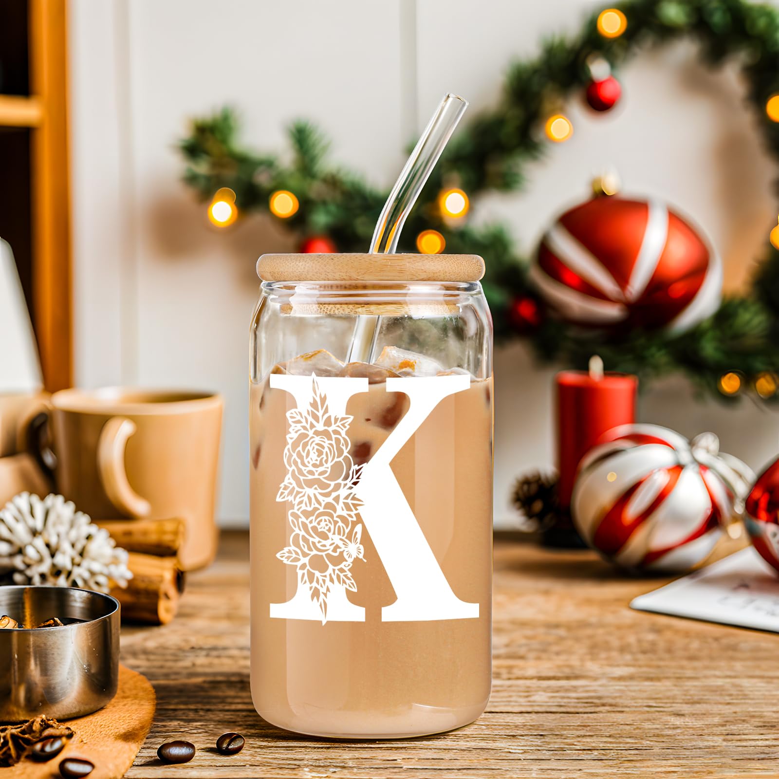 Valentines Day Gifts for Women Decorations：Initial Glass Cup as Office Graduation Memorial Personalized Birthday Gifts - for Mom Teens Wife Girlfriend Sister Daughter Gifts - K Aesthetic Cup
