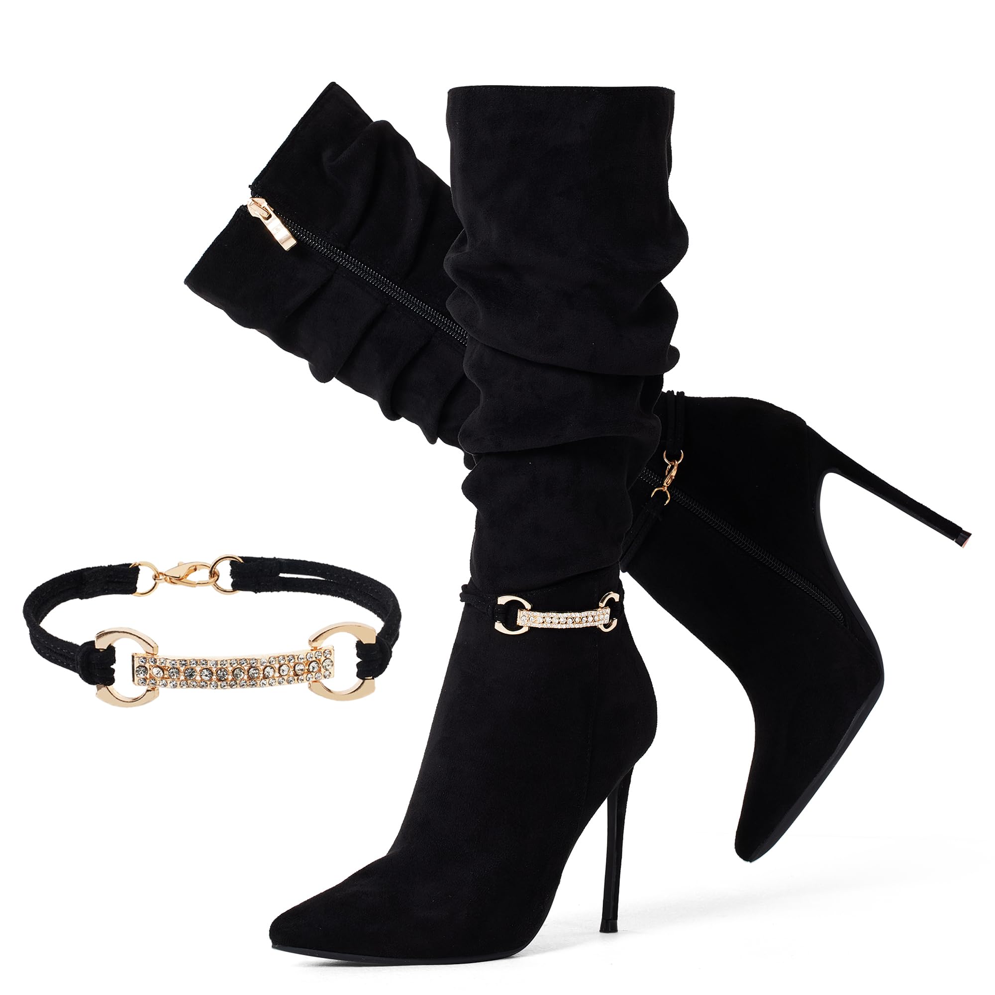 Elisabet Tang Womens Knee High Booties Faux Suede 4 Stiletto Heel Pointed Toe Knee High Boots Side Zipper