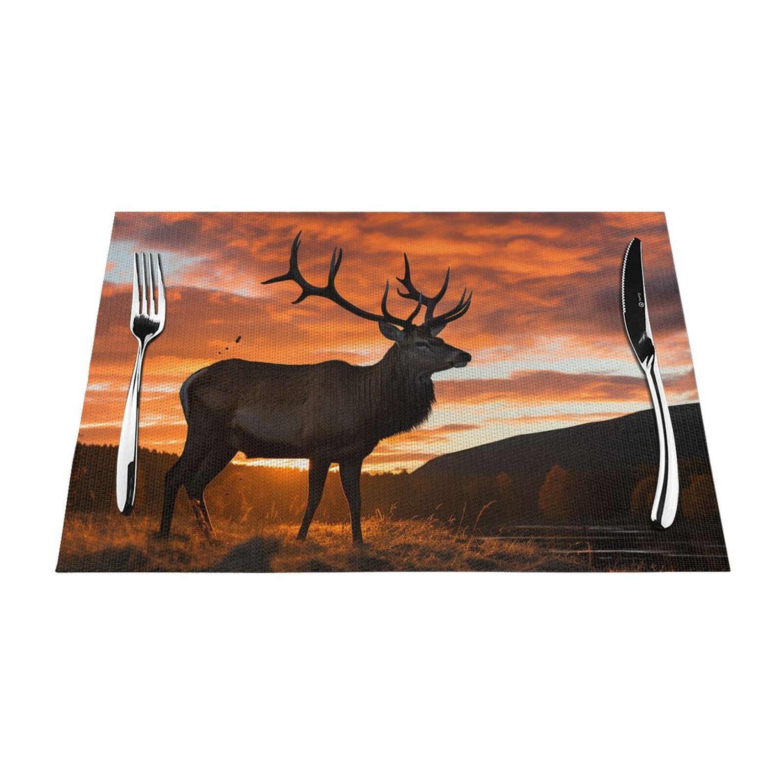 Red Deer Bull Elk Sunset Placemats Set of 1 - Woven Vinyl Kitchen Table Placemats - Heat Resistant Non-Slip Place Mats for Dining Table, Washable Indoor Outdoor Table Mats 12x18 Inch