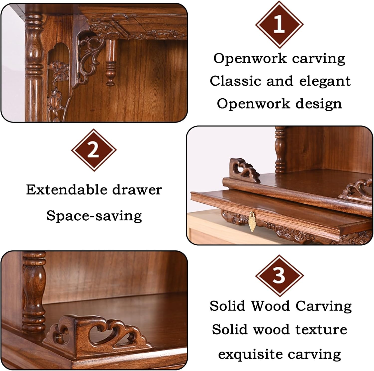 Small Wooden Shrine Altar Table | Mini Buddhist Altar with Drawer & Hidden Tray, Hand-Carved, Detachable for Home Worship & Statue Display(Walnut,14.2x11x22in)