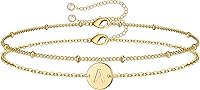 MONOZO Dainty 14K Gold Plated Initial Bracelet for Women Girls - Layered Beaded Monogram Charm, 26 Letters, Hypoallergenic Jewelry Gift