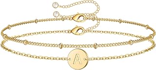 MONOZO Dainty 14K Gold Plated Initial Bracelet for Women Girls - Layered Beaded Monogram Charm, 26 Letters, Hypoallergenic Jewelry Gift