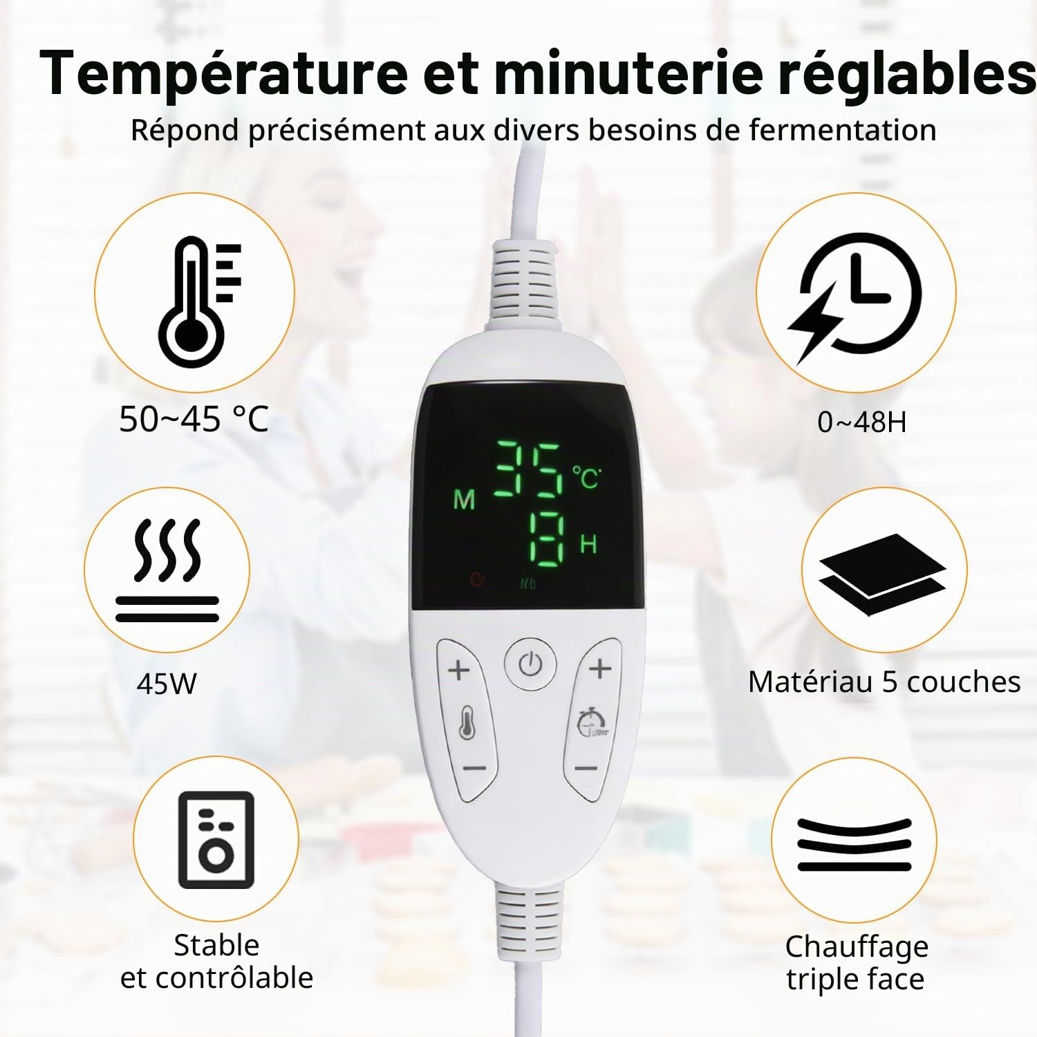 Boîte de Fermentation au Levain avec Chauffage, Pliable Boîte de Levée de Pâte Polyvalente avec Chauffage sur 3 Côtés et Grille en Fer, Affichage Numérique 50 à 113 °F, Minuterie de 0 à 48 Heures