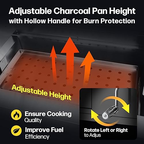 Miniatura 6 de Parrilla de barbacoa de carbón grande integrada, parrillas de carbón con bandeja elevable, capucha aislada y medidor de temperatura, parrilla de