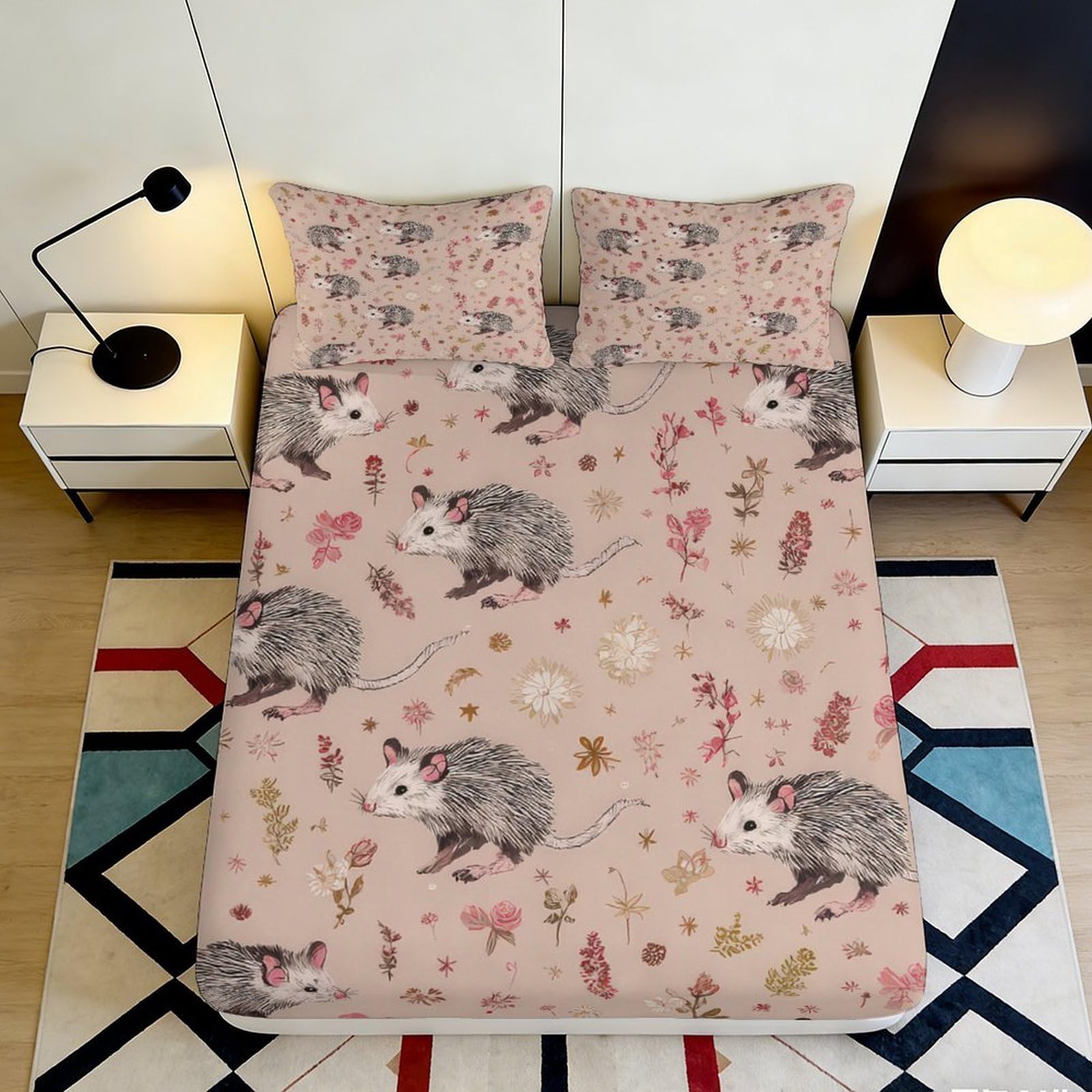 Jwndfkpvxzgl Style-5 3D Printed Cute Opossum Fitted Sheet Microfiber Soft Pink Forest Animals Mattress Cover For Bedroom Dorm Bed Decor 90X200x25cm