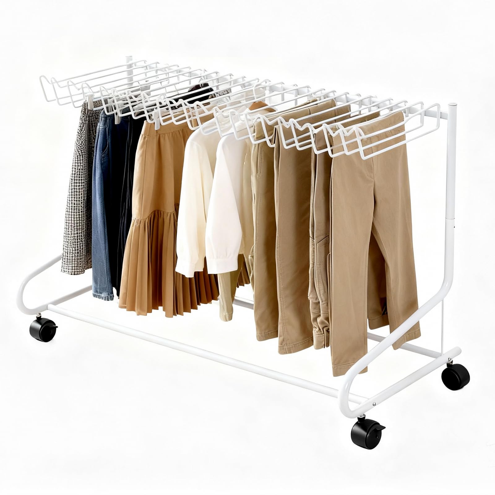 [Goswave] スラックスハンガー スラックスハンガーラック 合金鋼防錆 20本掛けホワイト ワンタッチ組立簡単 滑り止め防汚 省スペース 押し入れ クローゼット両用 収納 パンツラック パンツハンガーラック ズボン スリム ズボンラック クローゼット収納 （高65×長75.9×幅42.8cm） (白, 20本掛け)