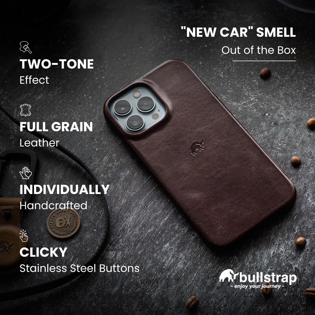Bullstrap Minimalist Open Bottom Handcrafted Leather Case for iPhone 16 Pro | MagSafe Compatible Premium Full-Grain iPhone 16 Pro Leather Case w/Camera Button & Unique Patina | Bourbon