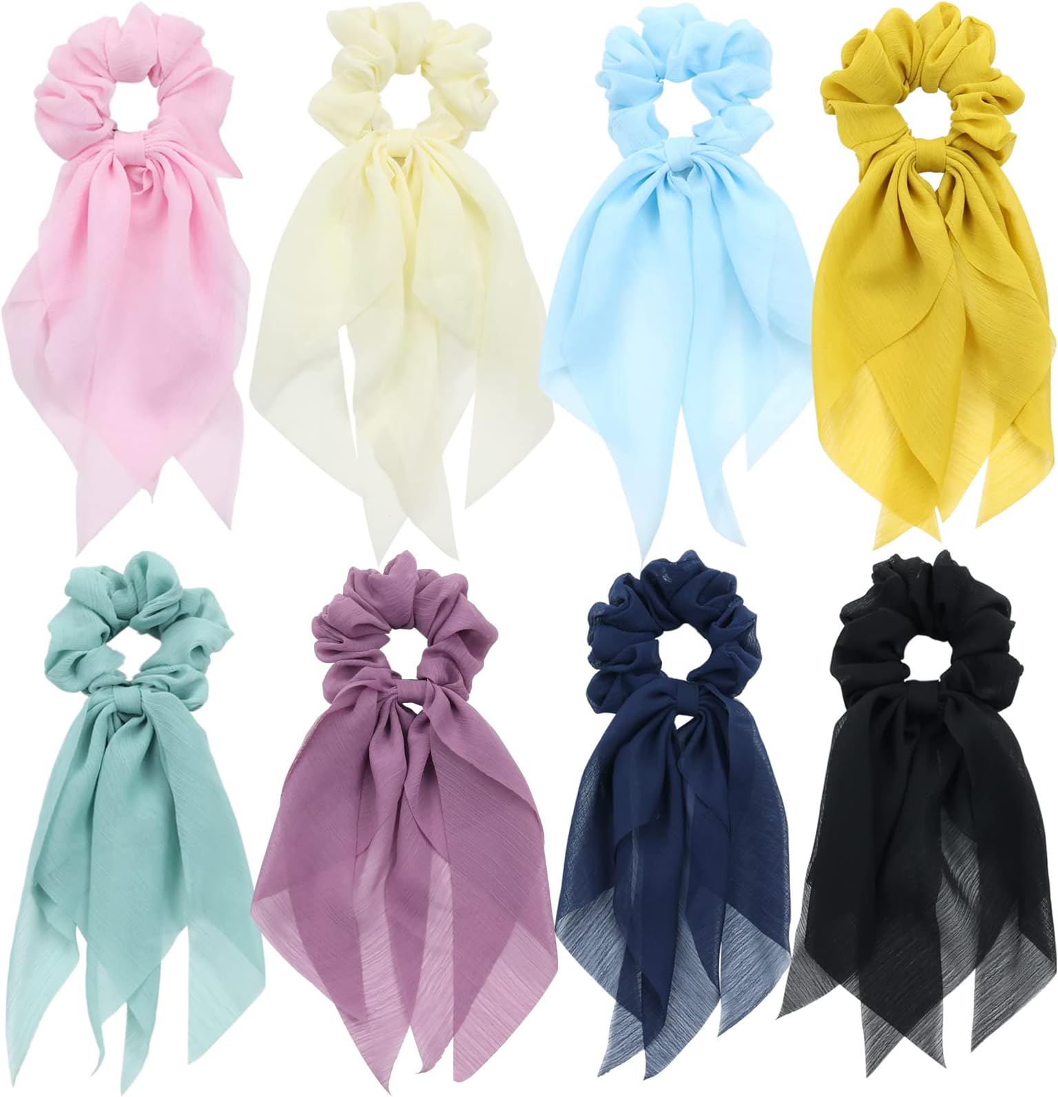 8 Pack Colorful Solid Plain Long Chiffon Ribbon Hair Bows for Girls Silk Scrunchies Hair Ties for Thick Hair Ponytail Holders Headbands Elastics Rubber Scarf Hairbands 90s Hair Accessories for Women