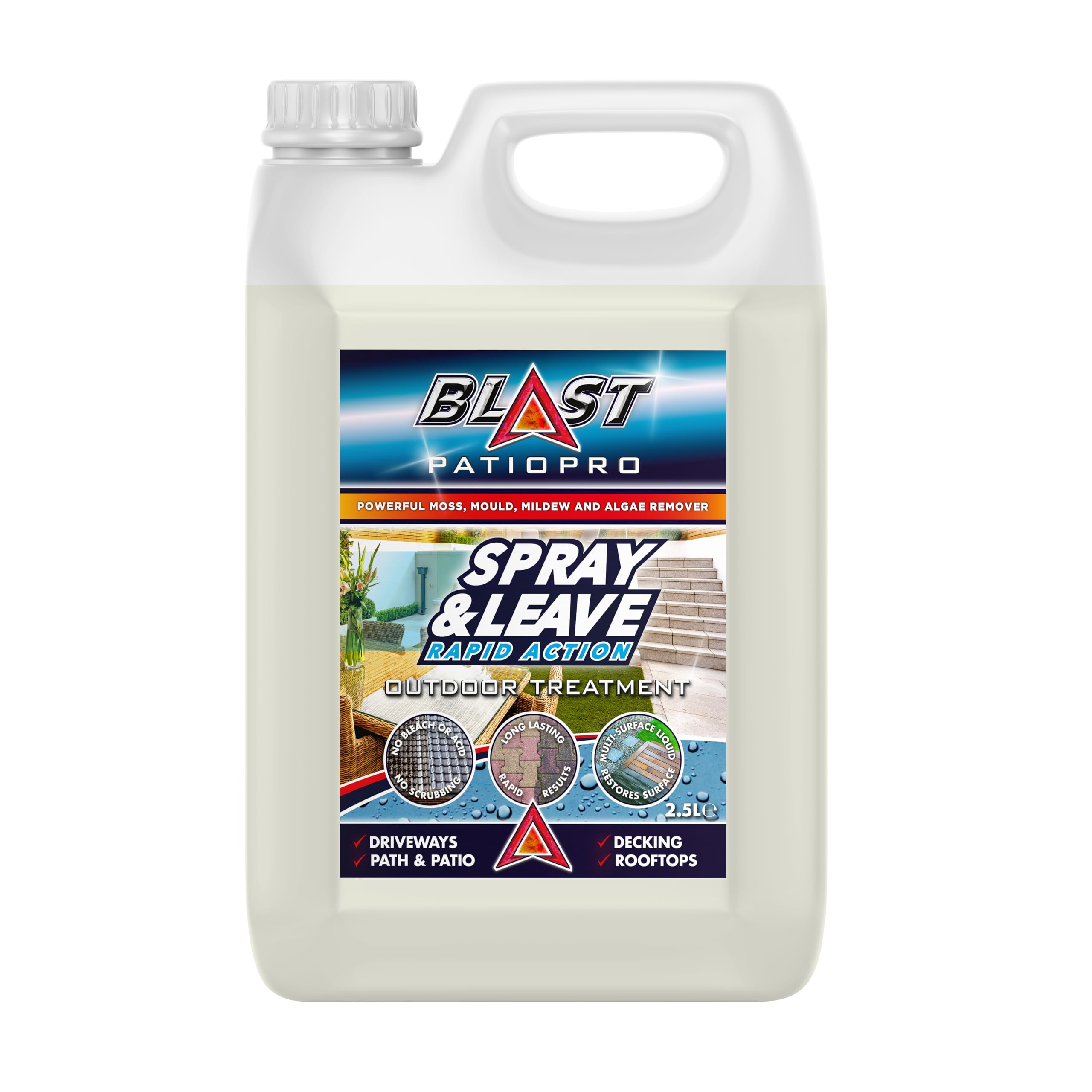 Blast Patio Pro - Spray & Leave Path and Patio Cleaner Rapid Action Outdoor Treatment | Mould, Mildew, Lichen, Algae Remover | Decking, Driveways, Rooftops - 2.5 Litre