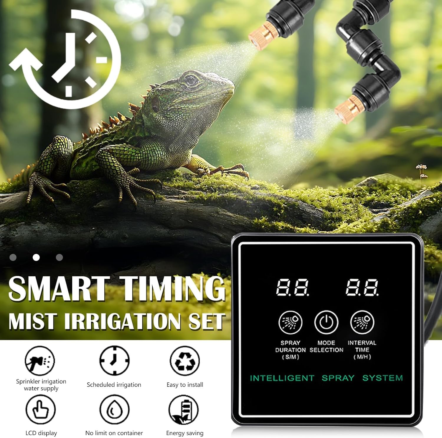 Inteligente Humidificador de Reptiles, Sistema de pulverización Reptile Fogger Humidificador con temporizador automático Boquillas de nebulización ajustables en 360 grados para terrarios