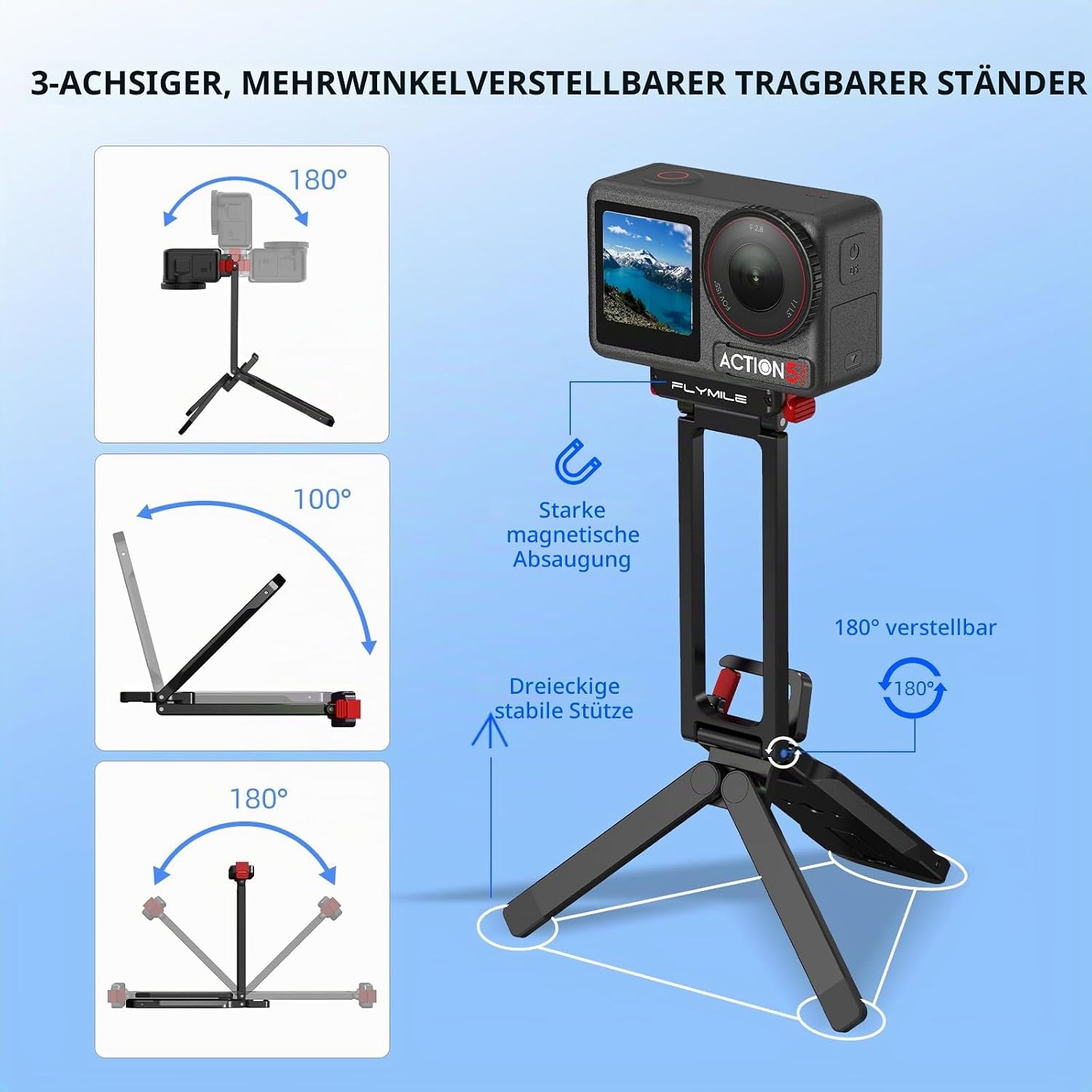 Action 5 Pro/4/3 Magnetic Quick Release Tripod Stand, Aluminum Alloy Mini Desktop Mount Table Holder Clamp Camera Mount with 360° Dual Ball Head, Quick Release Adapter Aluminum Bicycle Handle Holder image 3