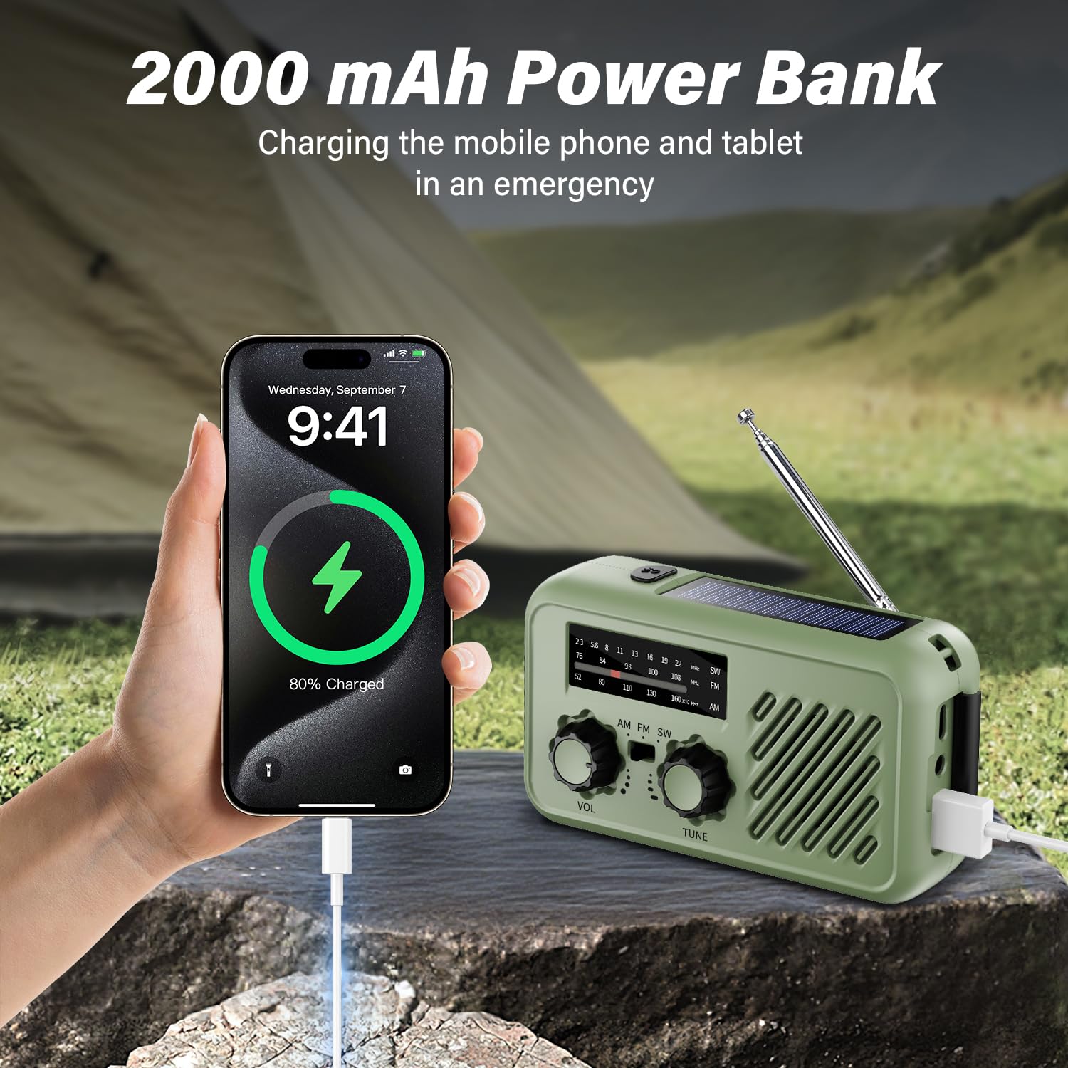 Radio Portatil Pequeña de Emergencia, Am/FM/SW Radio a Pilas y Solar con Manivela, Recargable Radios Meteorológica Multiusos de Dinamo con Linterna LED con 2000mAh Powerbank SOS Alarma