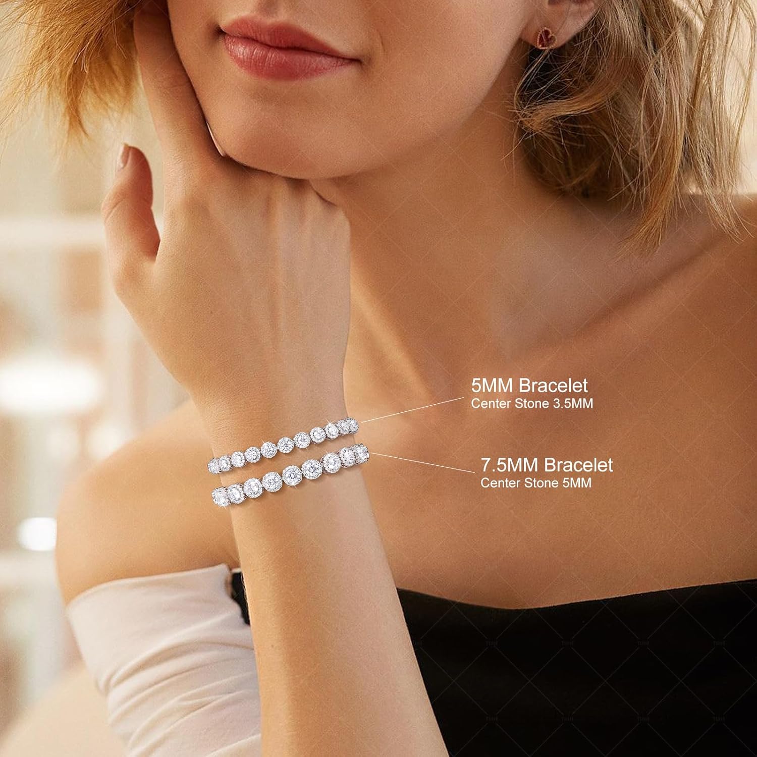 Moissanite Halo Bracelet 4.9CT-8.0CT Lab Grown Moissanite Bracelet for Women 18K White Gold Plated S925 Sterling Silver Adjustable Tennis Bracelet 5MM/7.5MM Iced Out Bracelets Cluster Jewelry - Image 6