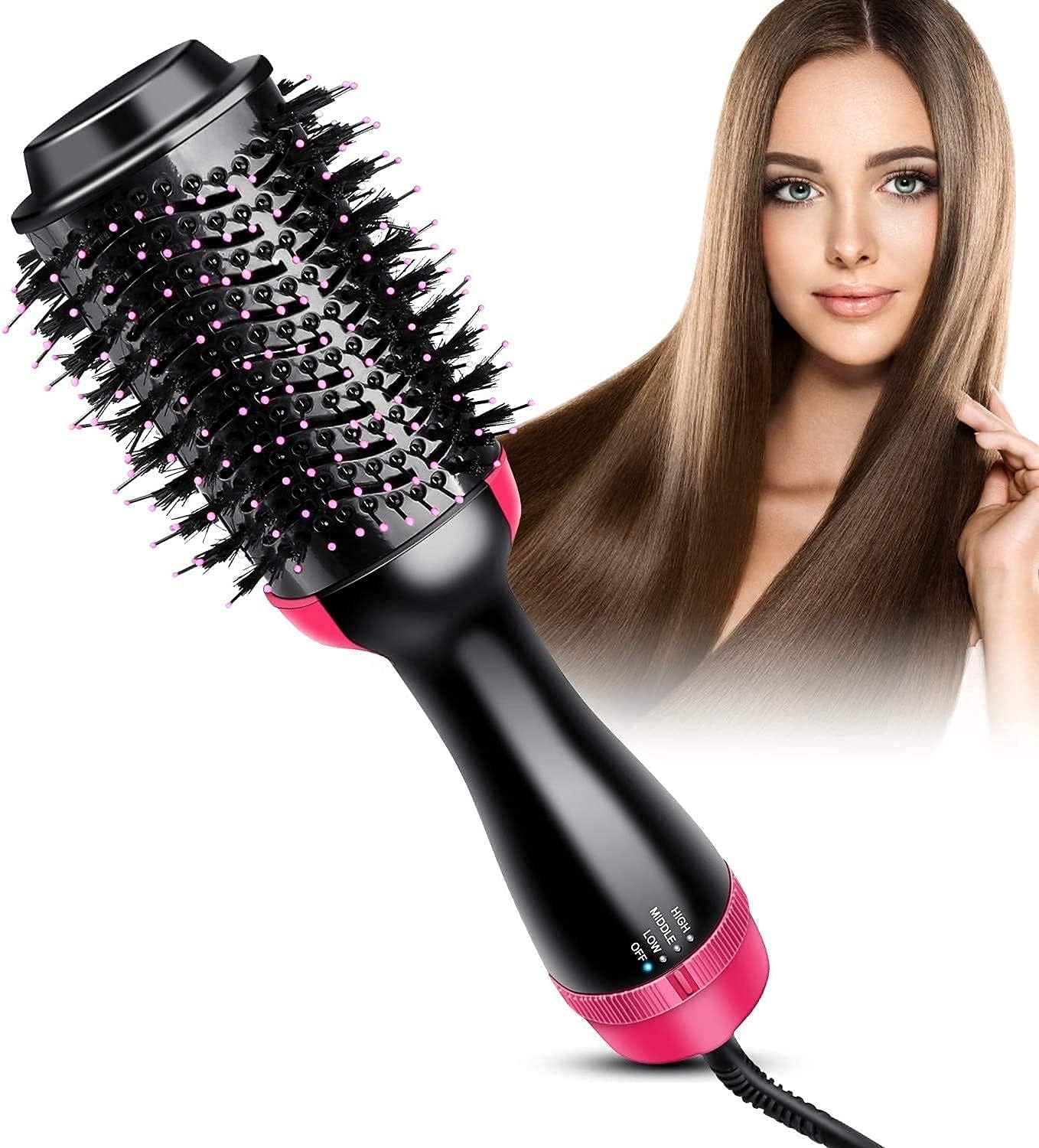 Hot Air Styling Brush, 3-in-1 Volumizing Blow Dryer Brush with Ionic Technology, Black and Pink, Multiple Heat Settings, Ceramic Coating, 1200 Watts