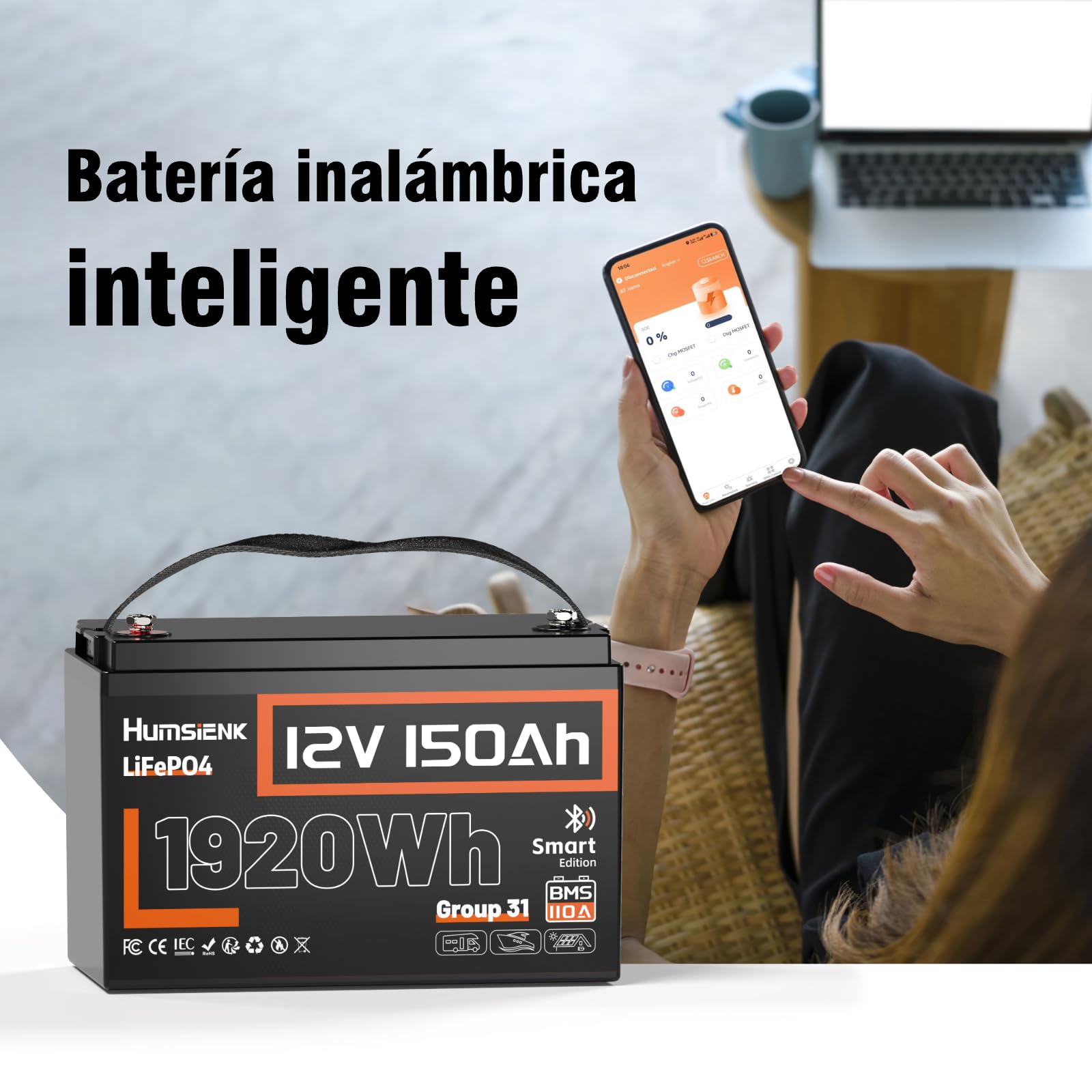 Batería Litio 12V 150Ah con Bluetooth,Bateria LiFepo4,BMS Inteligente de 110A,4.000–15.000 Ciclos Profundos de 12 V 1920 WH Recargable,Protección Baja Temperatura—para Solar,Autocaravana (RV)