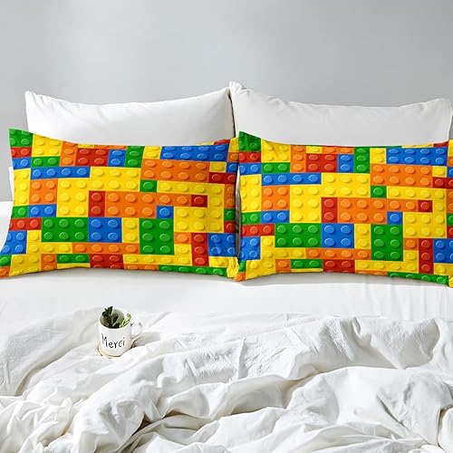 Miniatura 4 de Feelyou Juego de sábanas de juegos para niños, tamaño individual, bloques de construcción de color, juego de sábanas de ladrillo de juguete para