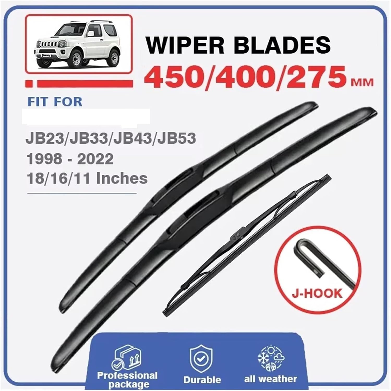 Front Rear Wiper Blades Set Kit Fit For Suzuki Jimny MK3 JB23 JB33 JB43 JB53 1998-2018 Windshield Windscreen Window 18"+16"+11"(Front Rear,RHD)