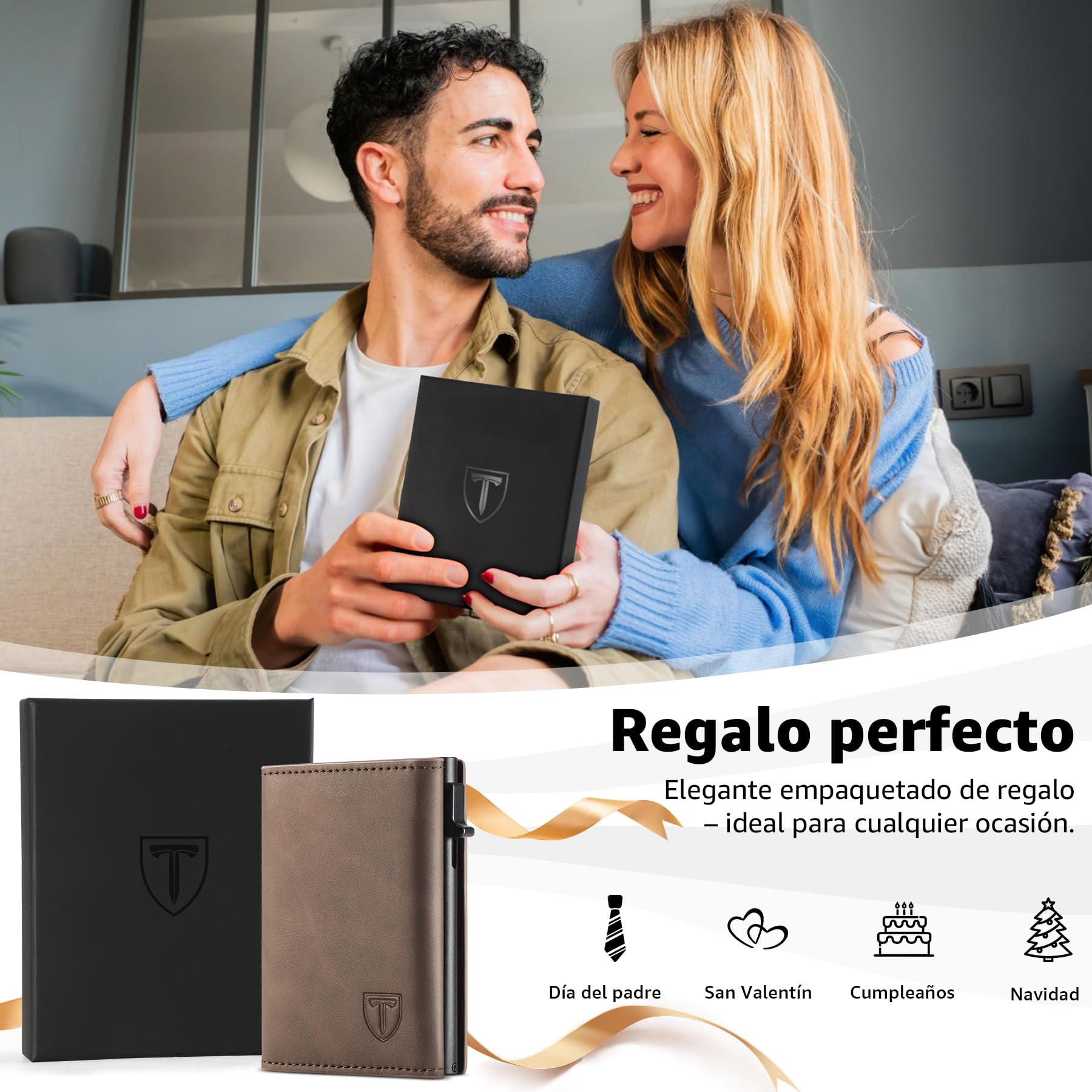 Carteras para Hombre Bloqueo RFID Tarjetero Cierre Magnético Pop-up Cartera Marrón