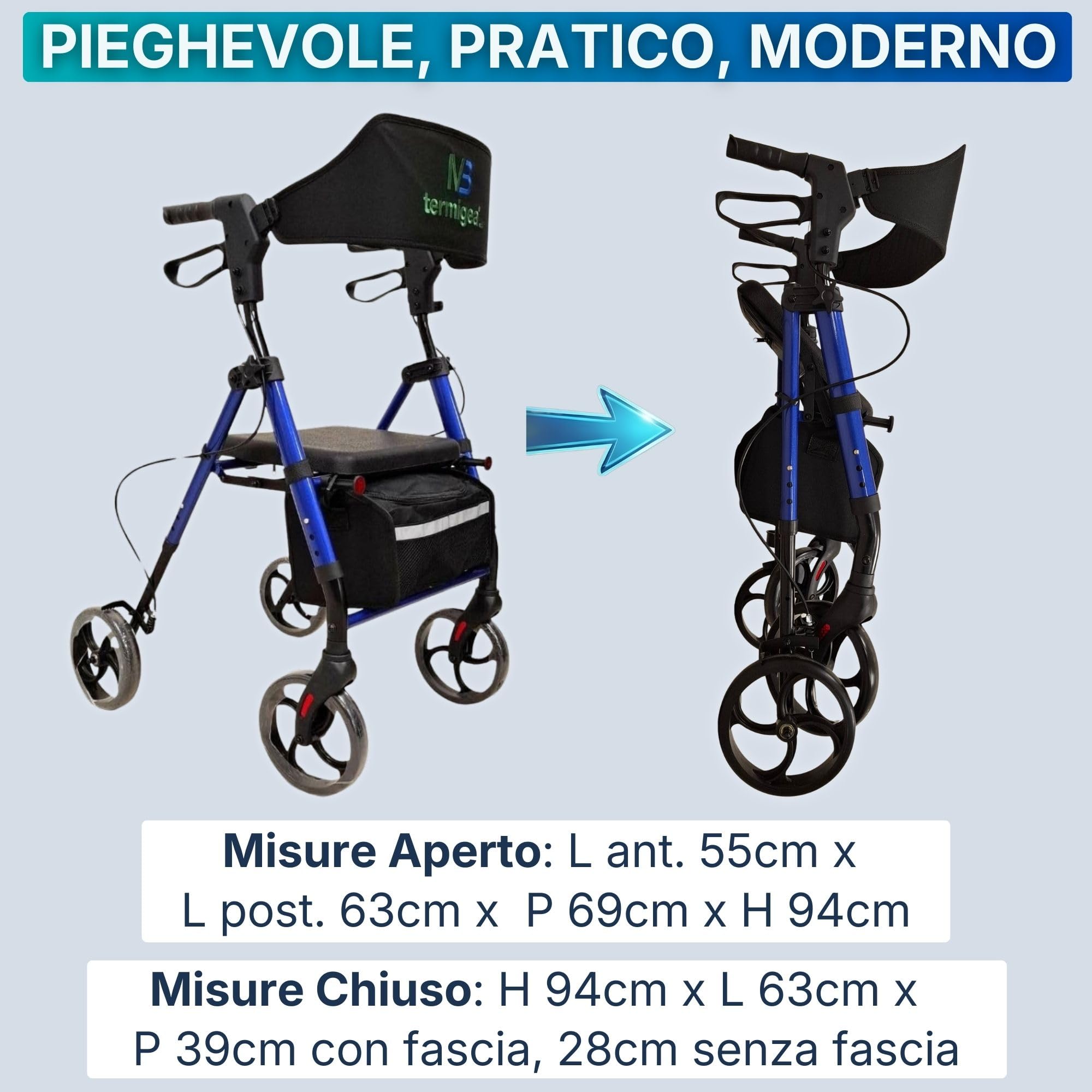 TERMIGEA RO31 - Deambulatore per Anziani con Seduta, Carrello per Anziani per Camminare Regolabile e Pieghevole in Alluminio Leggero (Portata 130KG) Dotato di Freni Classici e Freno di Stazionamento
