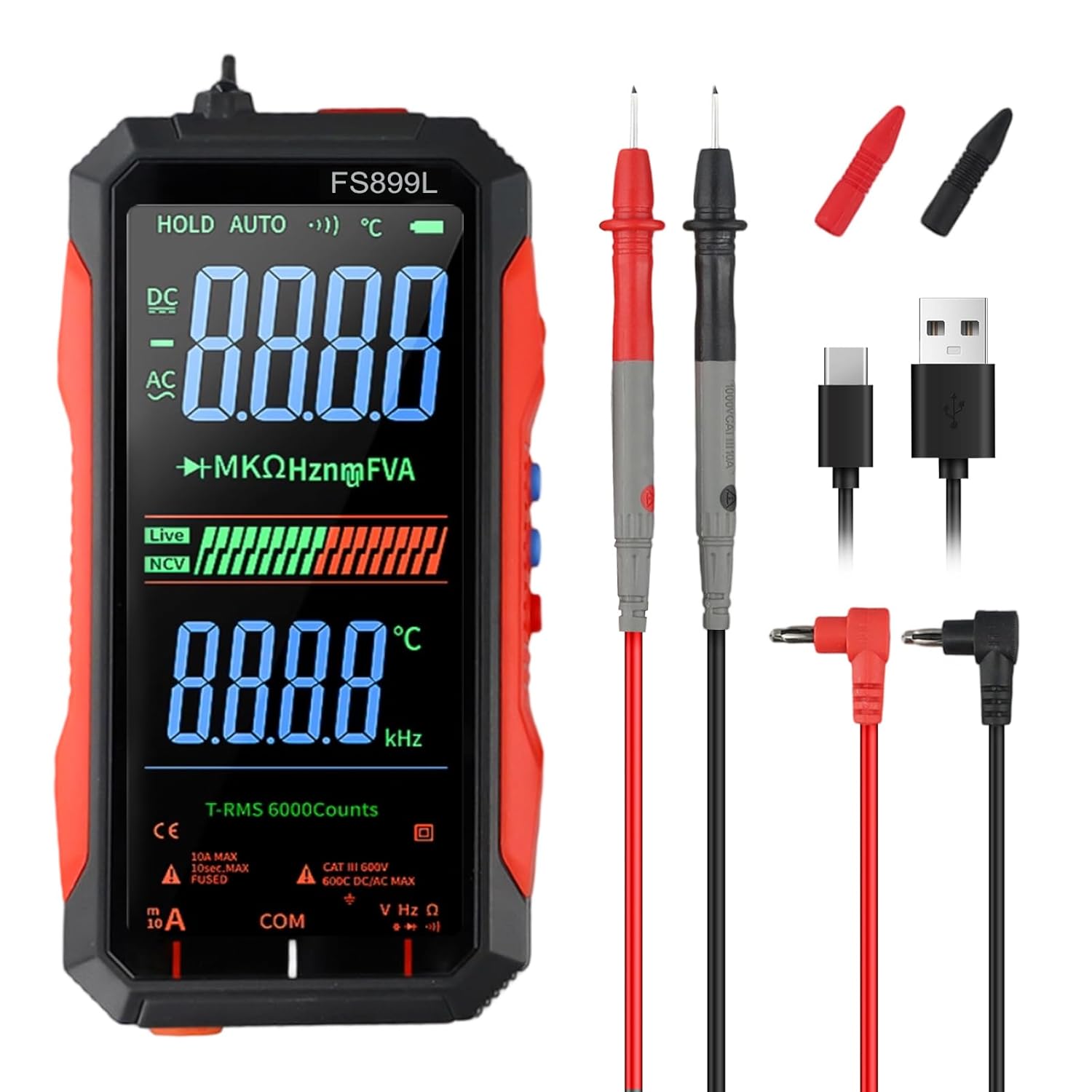 Drhomeam FS899L Digital Multimeter: 6000 Counts True RMS, Color LCD Screen, USB-C Rechargeable, NCV Tester for Home & Car Electrical Testing