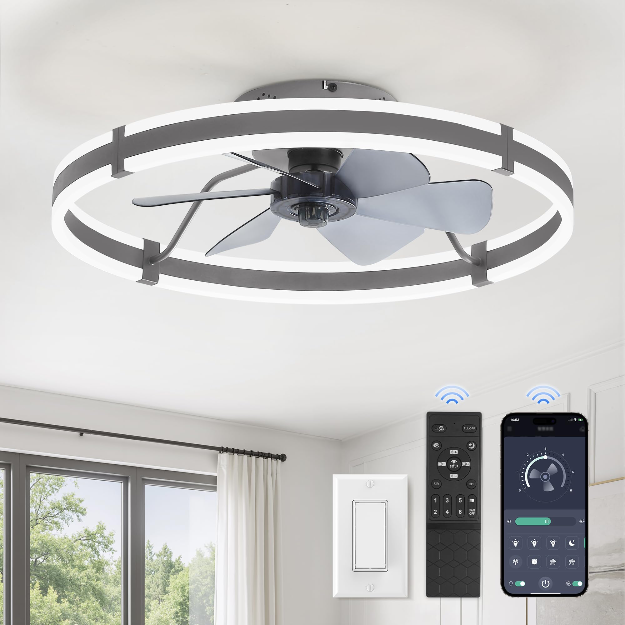 ZMISHIBO Low Profile 24'' Ceiling Fans with Lights and Remote, Gray
