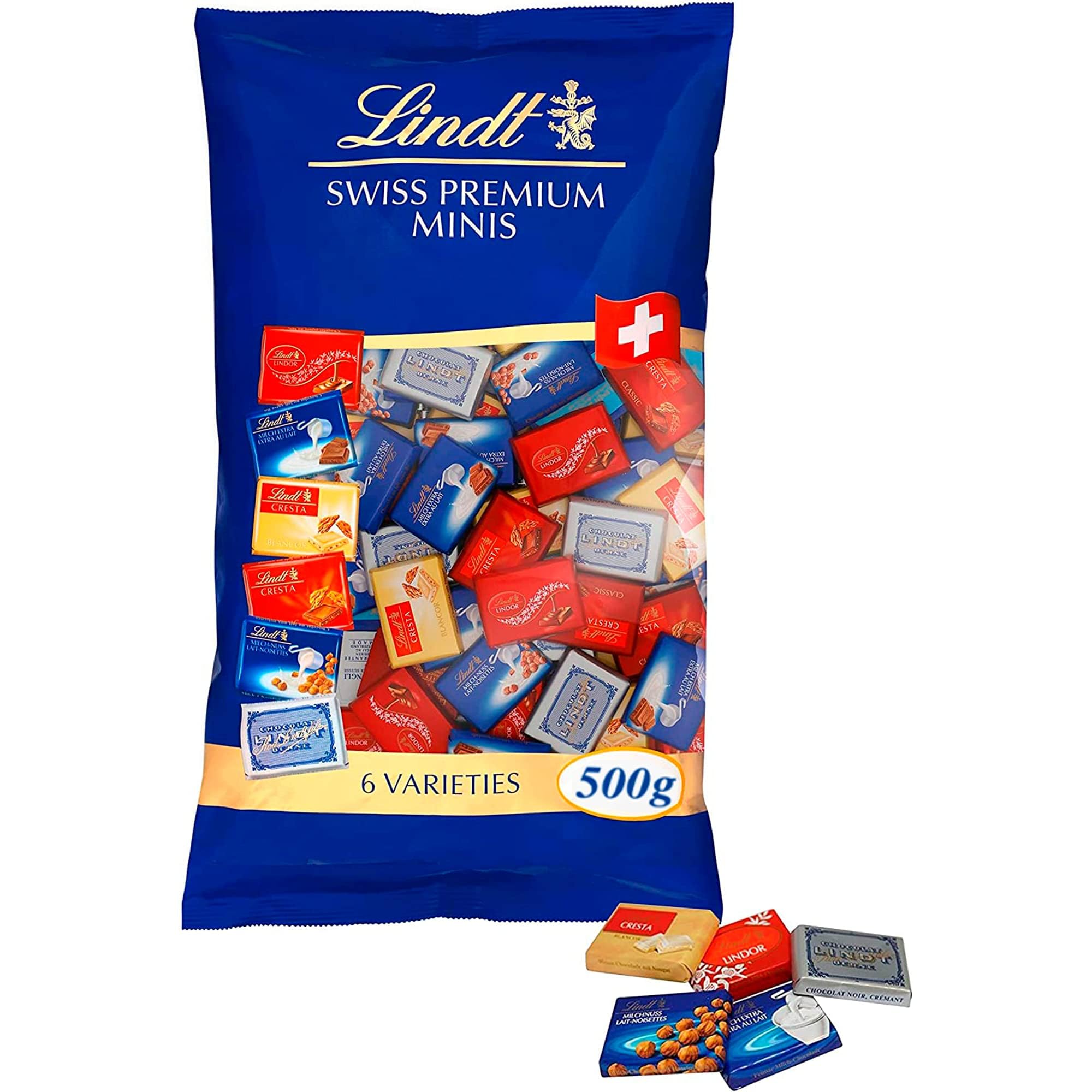 LINDT Napolitanas Suizas, contiene un surtido de minitabletas de chocolate envueltas individualmente, chocolate con leche, de chocolate blanco,chocolate negro,chocolate con avellanas, aprox76uds, 500g