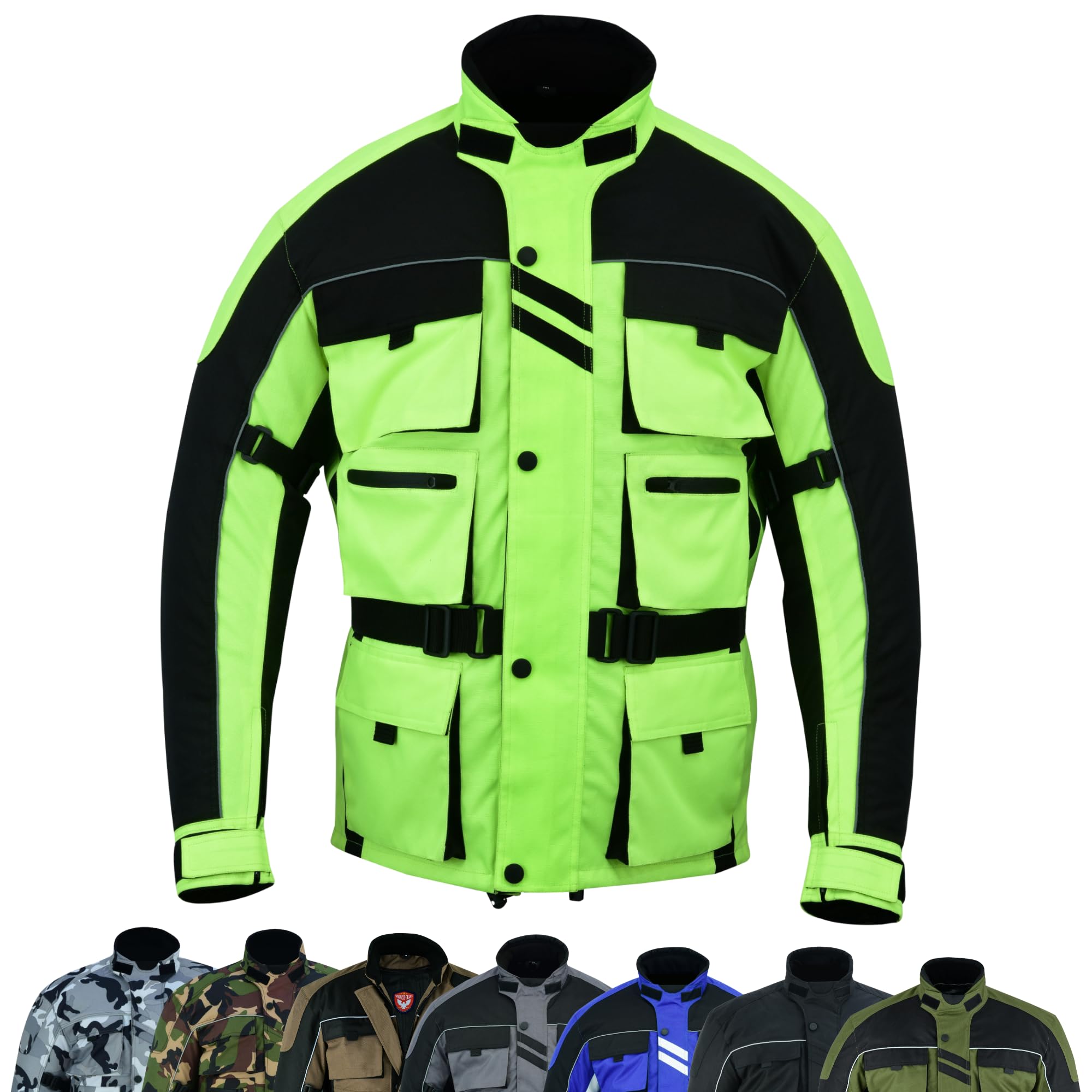 warrior gears 6 Pockets Mens Motorcycle Jacket, Textile Racing Motorbike Jacket, Hi-Vis Biker CE Protective Armored Jackets Mens Waterproof & Mesh Lining Breathable, Lemon - Large