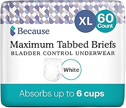 Because Adult Incontinence Tabbed Briefs for Women and Men - Adjustable Unisex Maximum Absorbency Disposable Underwear, Anti-Odor, Holds 6 Cups - White, X-Large, 60 Count (4 Packs of 15)