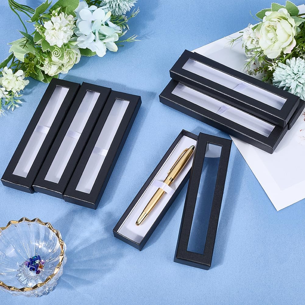 8Pcs 6.9 x 1.7 Inch Black Pen Box Display Empty Pencil Box with Clear Window Lid Rectangle Ballpoint Presentation Paper Display Holder Cases for Business Office Birthday Pens Gifts Souvenir