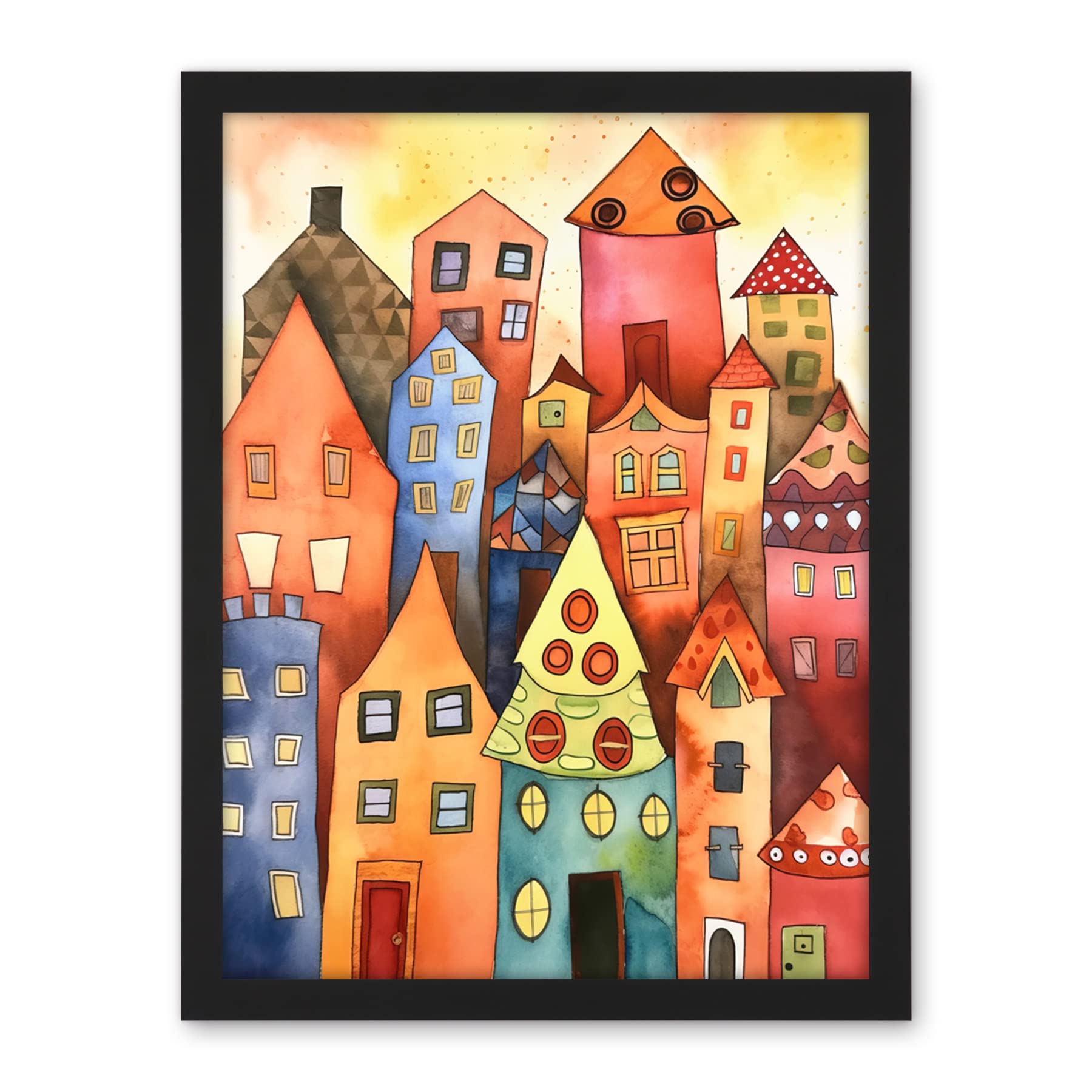 Artery8 Colourful Townscape Folk Art Watercolour Painting Artwork Framed Wall Art Print 18X24 Inch