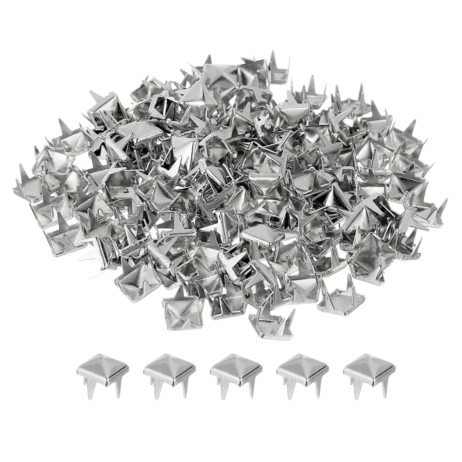 sourcing map 100 Pcs Pyramid Rivets for Clothing, 5mm 4-Jaw Square Rivets, Silver Metal Pyramid Studs Handicraft, Punk Rock Nailhead Spots for Clothing Bag Leather Shoes