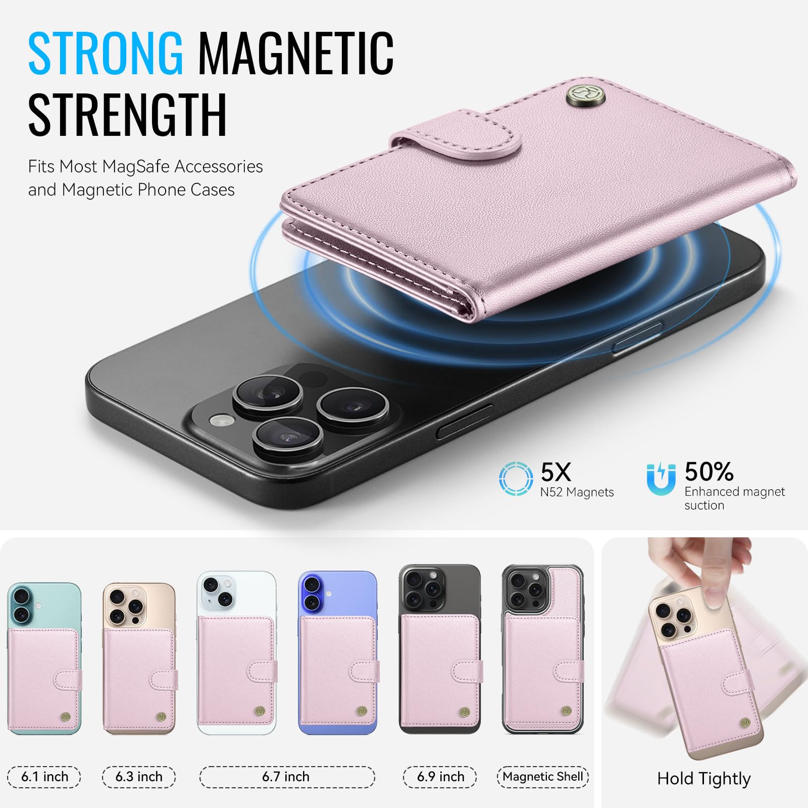 Portafoglio per Magsafe, Porta Carte Cellulare Magnetico, Pelle Wallet con Supporto Porta Carte Portafoglio Magnetico Portafoglio Per iPhone Serie 17/16/15/14/13/12, Funzioni della Staffa - Rosa