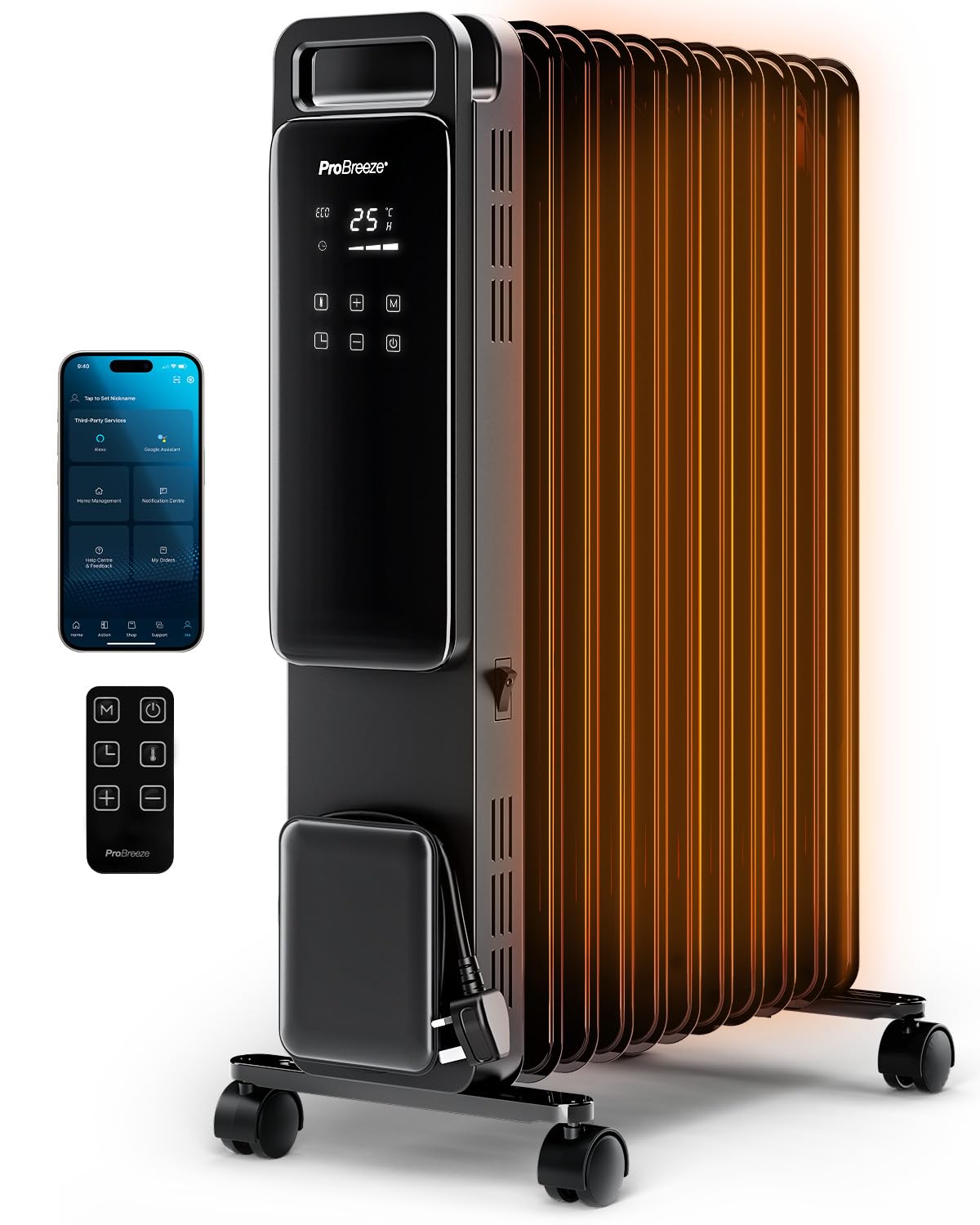 Pro Breeze 2500W Ölradiator mit 11 Lamellen, Smart Heizung elektrisch - Ölradiator energiesparend, 3 Heizstufen, Einstellbares Thermostat, WLAN, 24h Timer, Touch Display & Sicherheitsabschaltfunktion