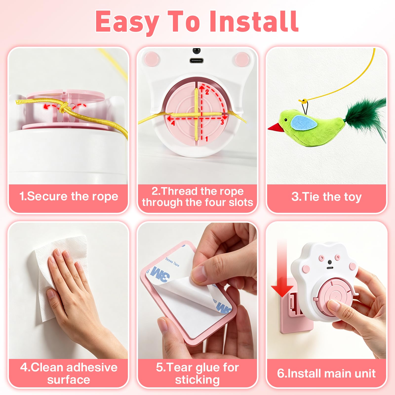 DoubleCare Juguetes interactivos para gatos de interior, juguete automático de plumas de pájaro volador para gatitos aburridos y gatos adultos, manos libres o de mano, rosa