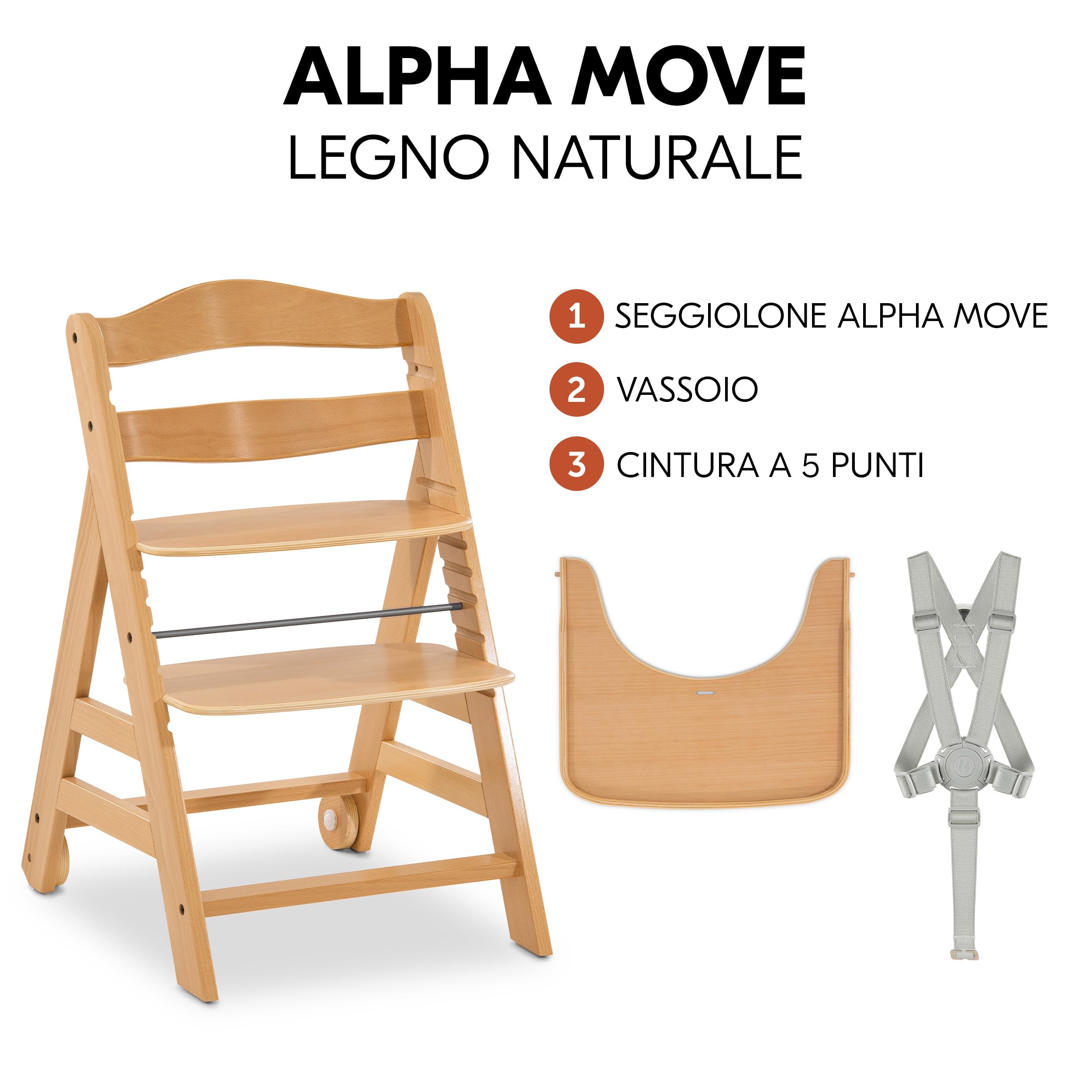 hauck Alpha Move - Seggiolone con tavolo e ruote | Seggiolone in legno per bambini a partire dai 6 mesi fino a 90 kg, con tavola, cintura a 5 punti e legno di faggio FSC®