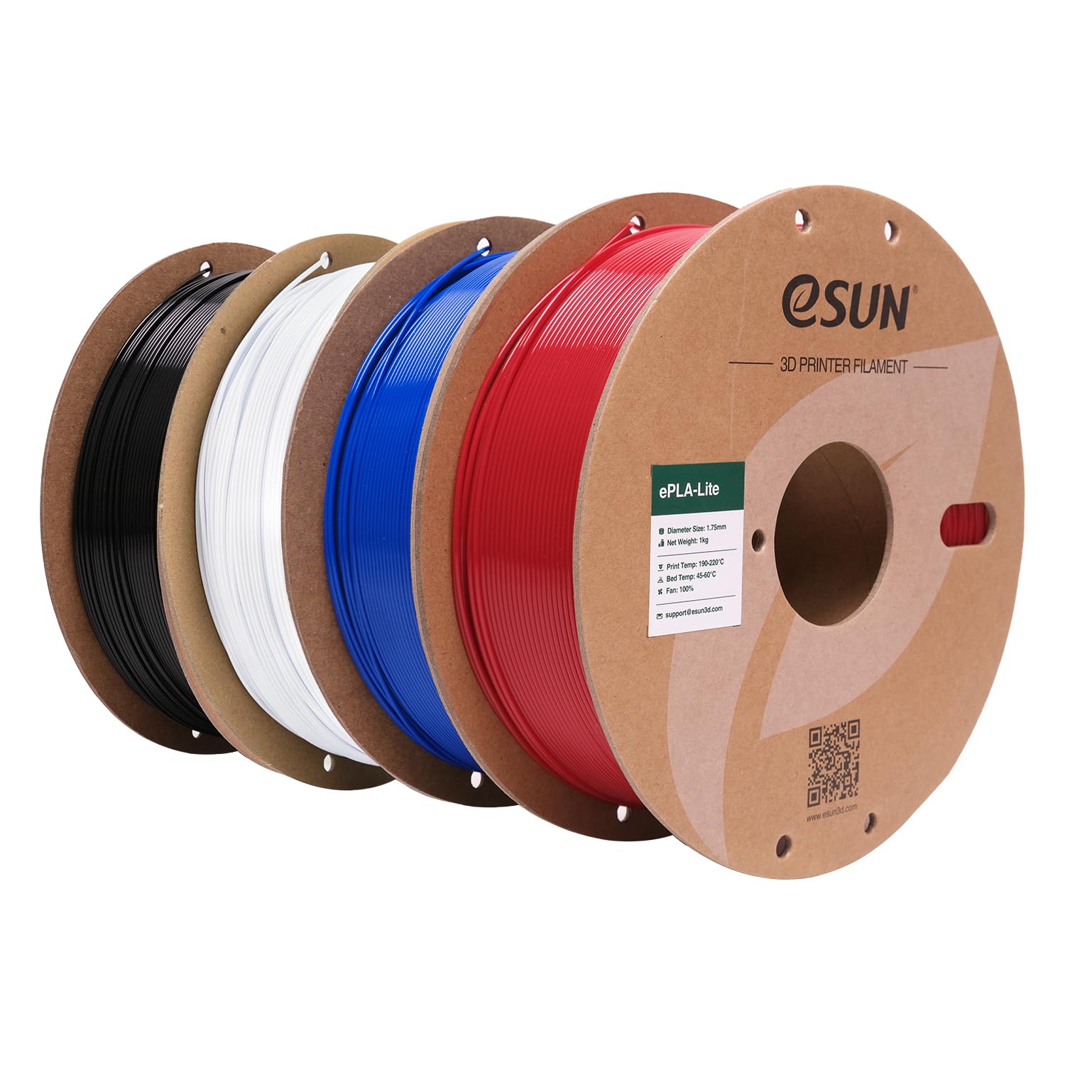 eSUN Filamento PLA 1,75 mm, filamento modificato per stampante 3D PLA, precisione dimensionale +/- 0,03 mm, bobina da 1 kg (2,2 libbre) filamento di stampa 3D (Rosso Fuoco+Blu+Bianco Freddo+Nero, 4KG)