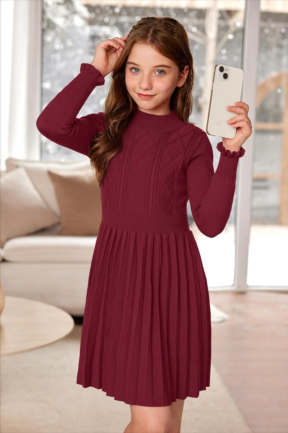 Girls Cable Knit Mock Neck Sweater Dress Fall Winter Long Sleeve Casual Dresses 5-14 Years - Image 4