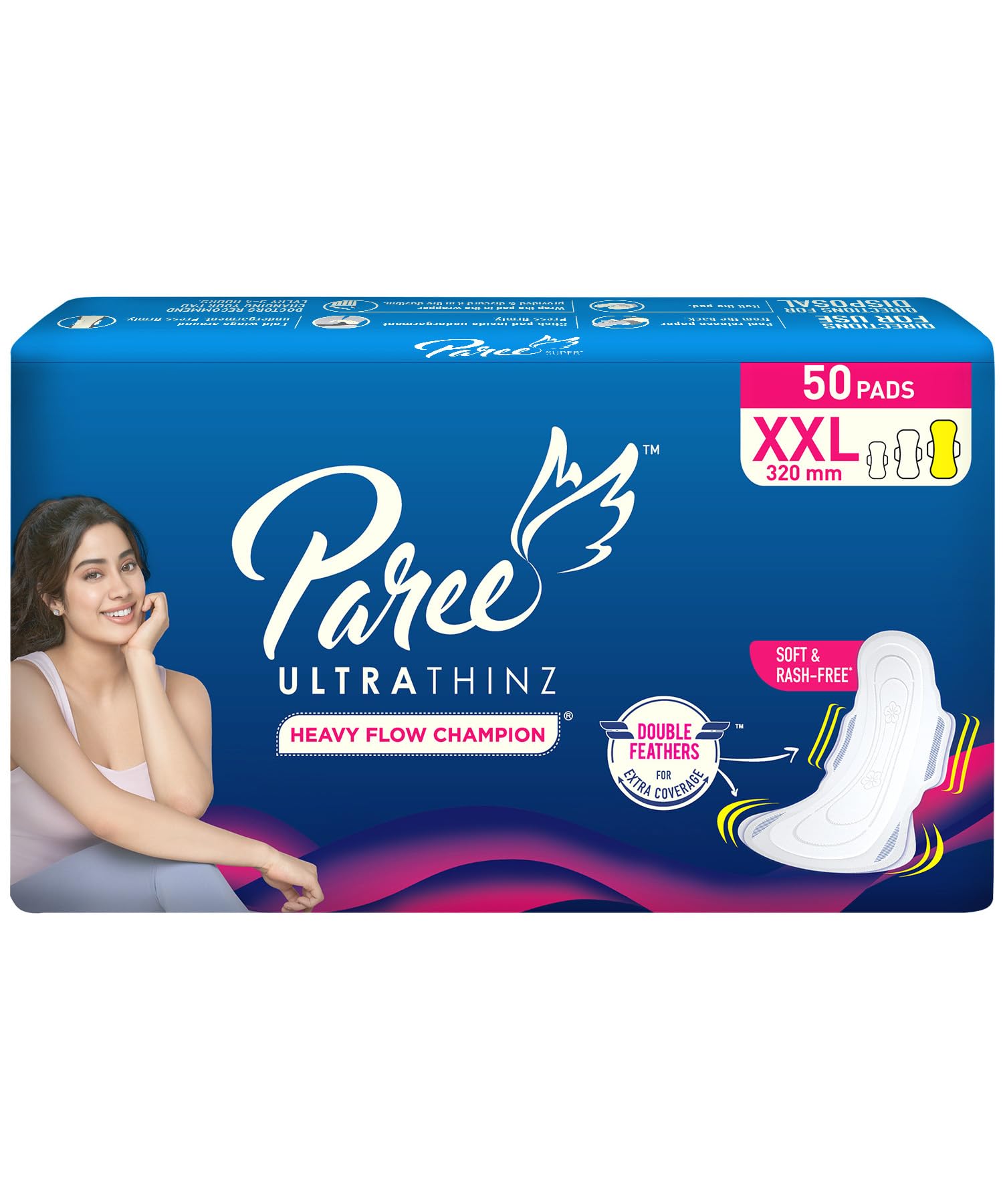 PareeUltra Thinz Soft & Rash Free Double Feathers XXL Tri-Fold Sanitary Pads, With Disposable Covers, 50 Pads