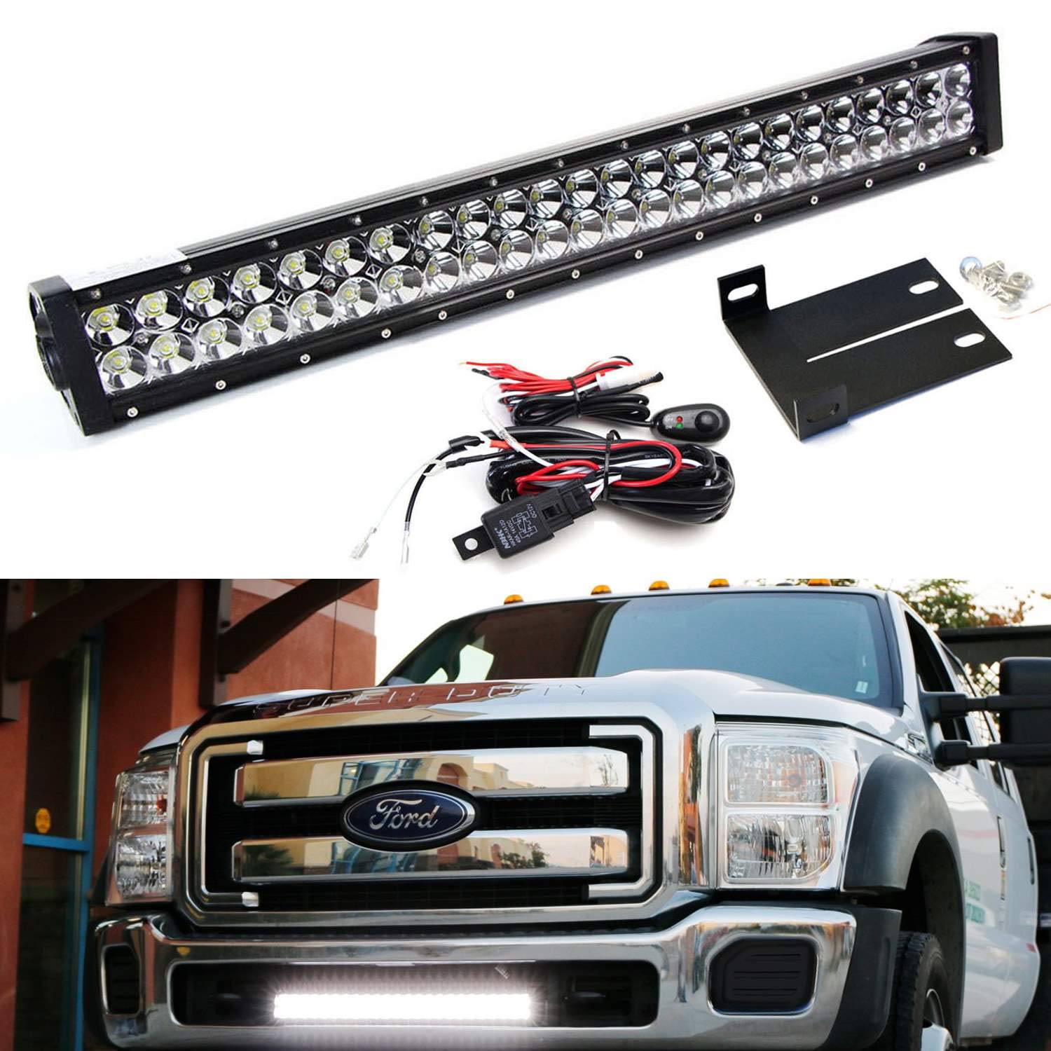 144W 25" LED Light Bar With Bumper Brackets & Wiring For 2011-2016 Ford F250 F350