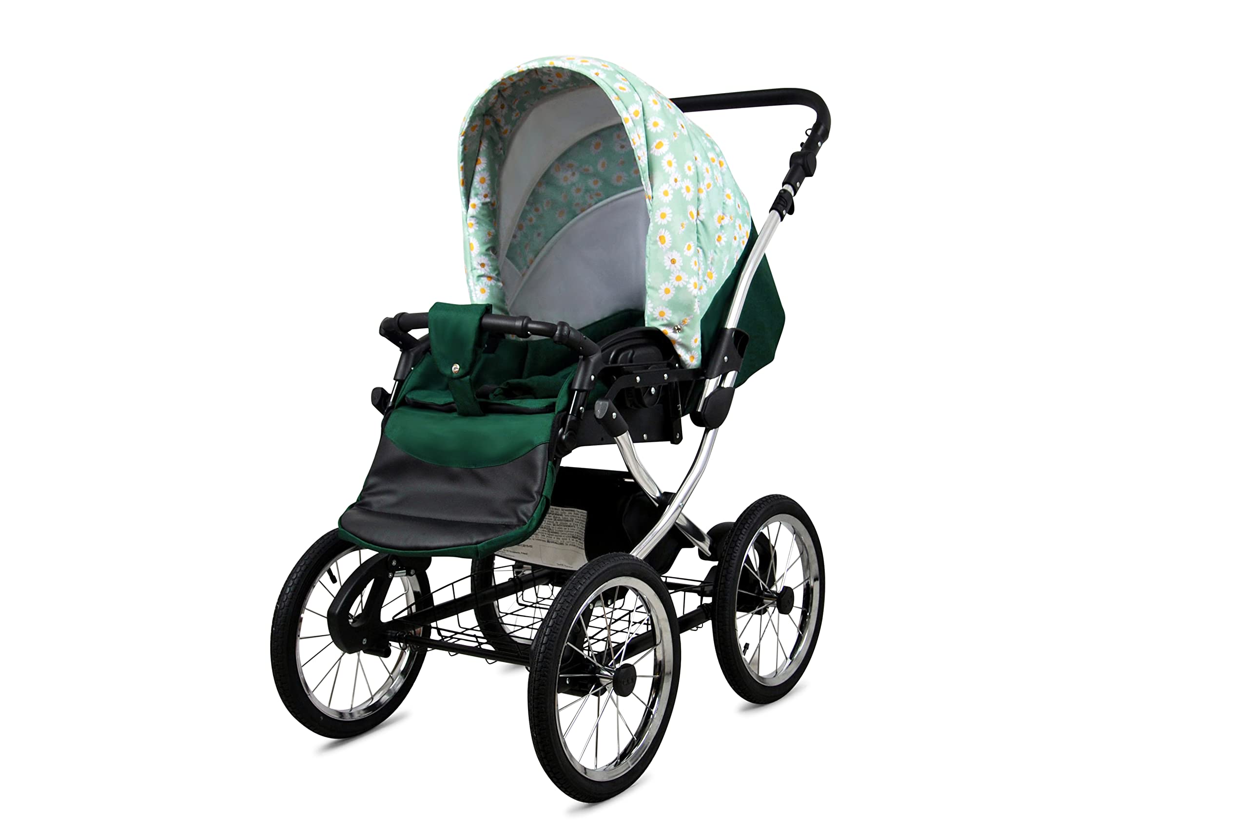 BabyLux Kinderwagen 3in1 mit Autositz für Kleinkinder – Kinderwagen für Neugeborene und Kleinkinder –– Baby Neugeborenen Kinderwagen – 59x105x125cm – Max 15kg – Green Daisy Silver Frame
