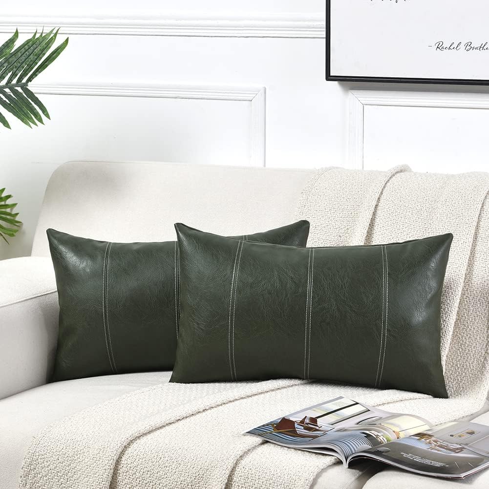 Fancy HomiFancy Homi 2 Packs Dark Green Long Lumbar Faux Leather Decorative Throw Pillow Covers 14x24 Inch for Couch Bed, Modern Farmhouse Boho Home Decor, Olive Green Hand Stitched Cushion Case 35x60 cm