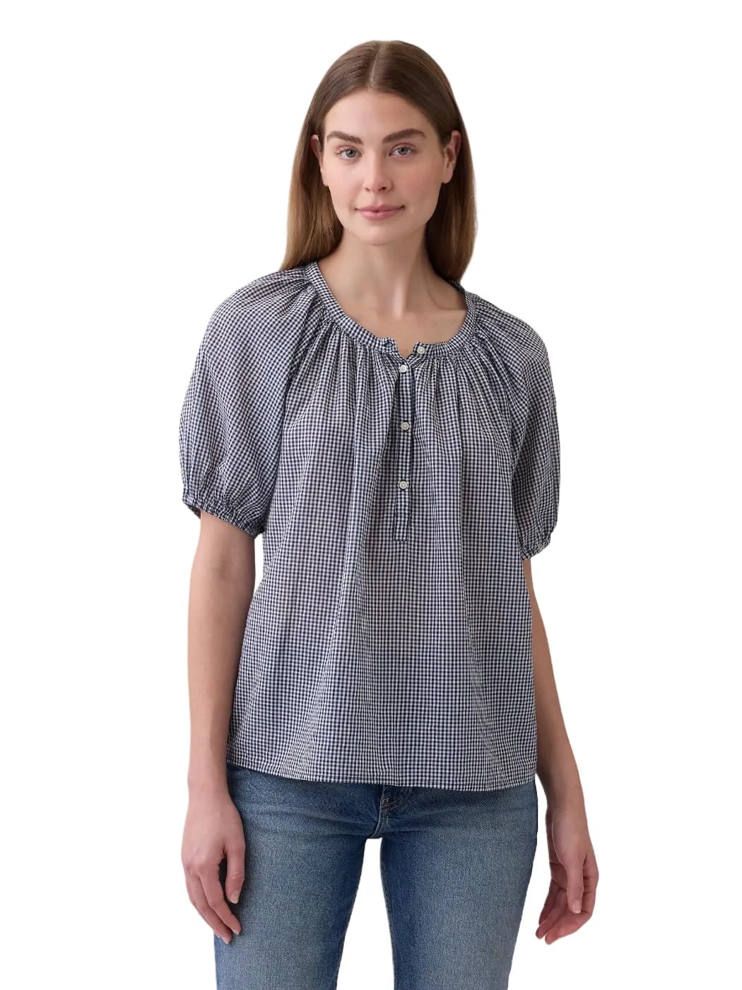 

                                                    GAP Womens Puff Sleeve Popover Woven Top Gingham96