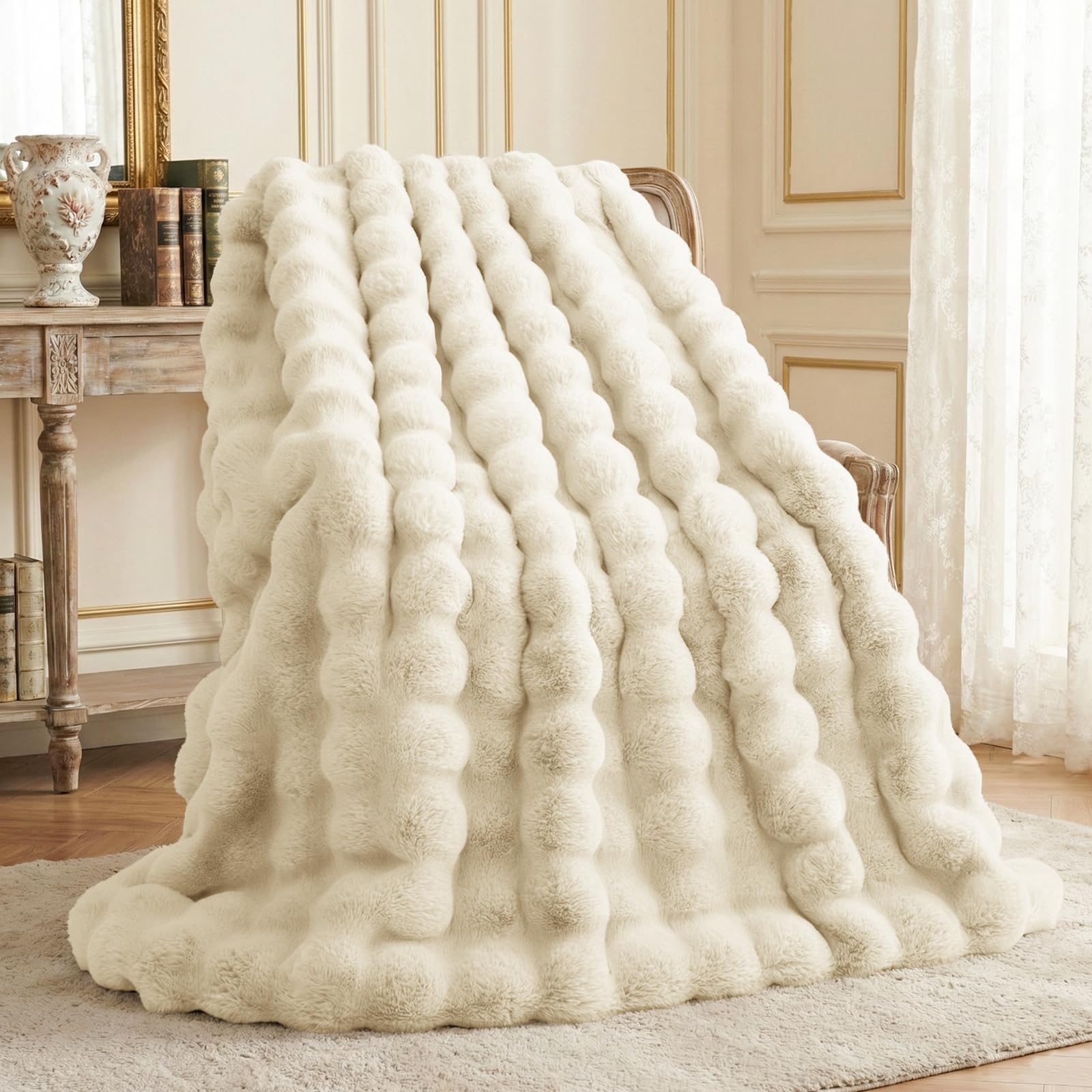 L'AGRATY Faux Rabbit Fur Blanket: 50" x 60" Luxury Soft Fluffy Thick Fur Throw Blanket for Couch Bed Sofa - Cozy Plush Bubble Blankets for Winter: