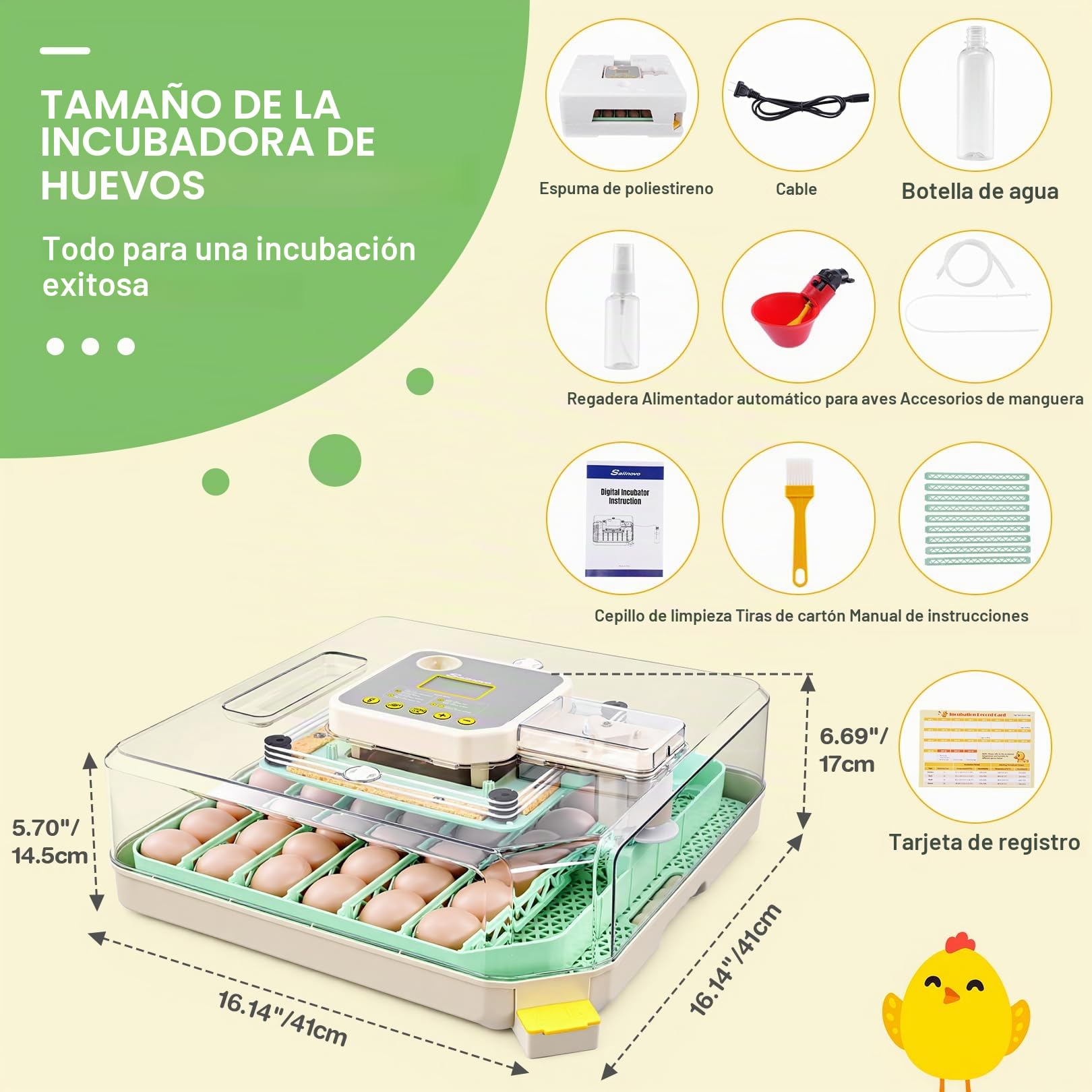 Sailnovo Incubadora de Huevos Automática 48 Huevos con Control Preciso Temperatura/Humedad, Volteador Automático de Huevos, Vista 360°, Ovoscopio Para Huevos, Para Gallina/Pato/Codorniz,Verde
