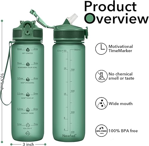 Miniatura 2 de Botella de agua con pajilla, botellas de agua motivacionales de 32 onzas con marcador de tiempo y funda sin sudor, sin BPA, a prueba de fugas,