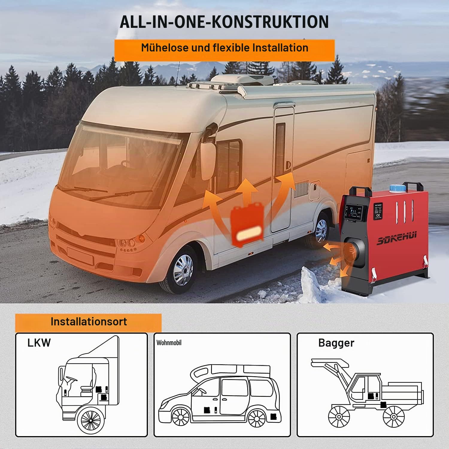 12V Standheizung Diesel, 8KW Diesel Lufterhitzer, 0,18-0,48 Standheizung, Luft Dieselheizung, Air Diesel Heizung für Auto RV Boote LKW Wohnmobil Bus mit Schalldämpfer(Schwarz und Rot)